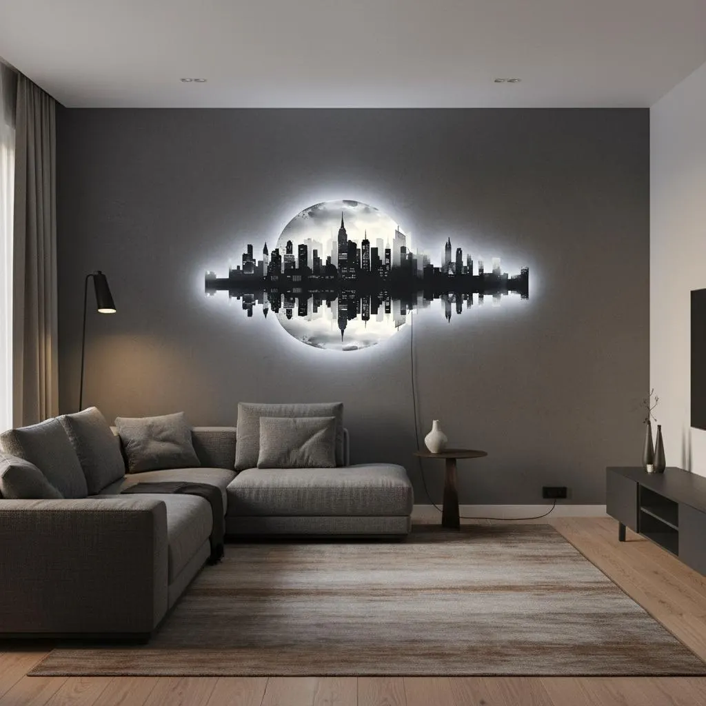 LED City Skyline Wall Art, UV Printed Modern Wall Decor, Ambient Light Wall Lamp, Bedroom Living Room Lighting Decor