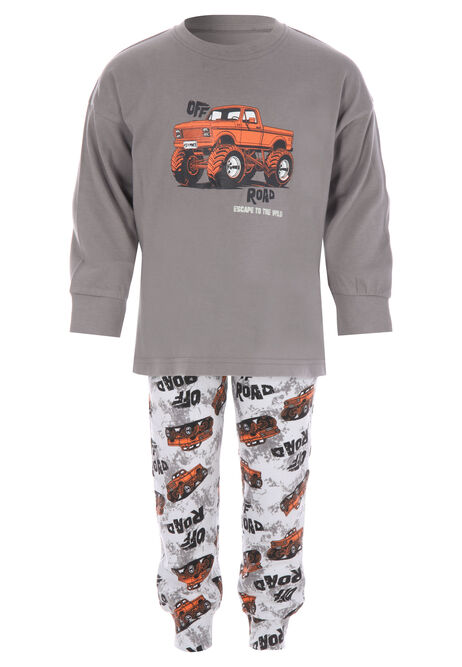 Younger Boys Grey Monster Truck Cotton Long Pyjama Set