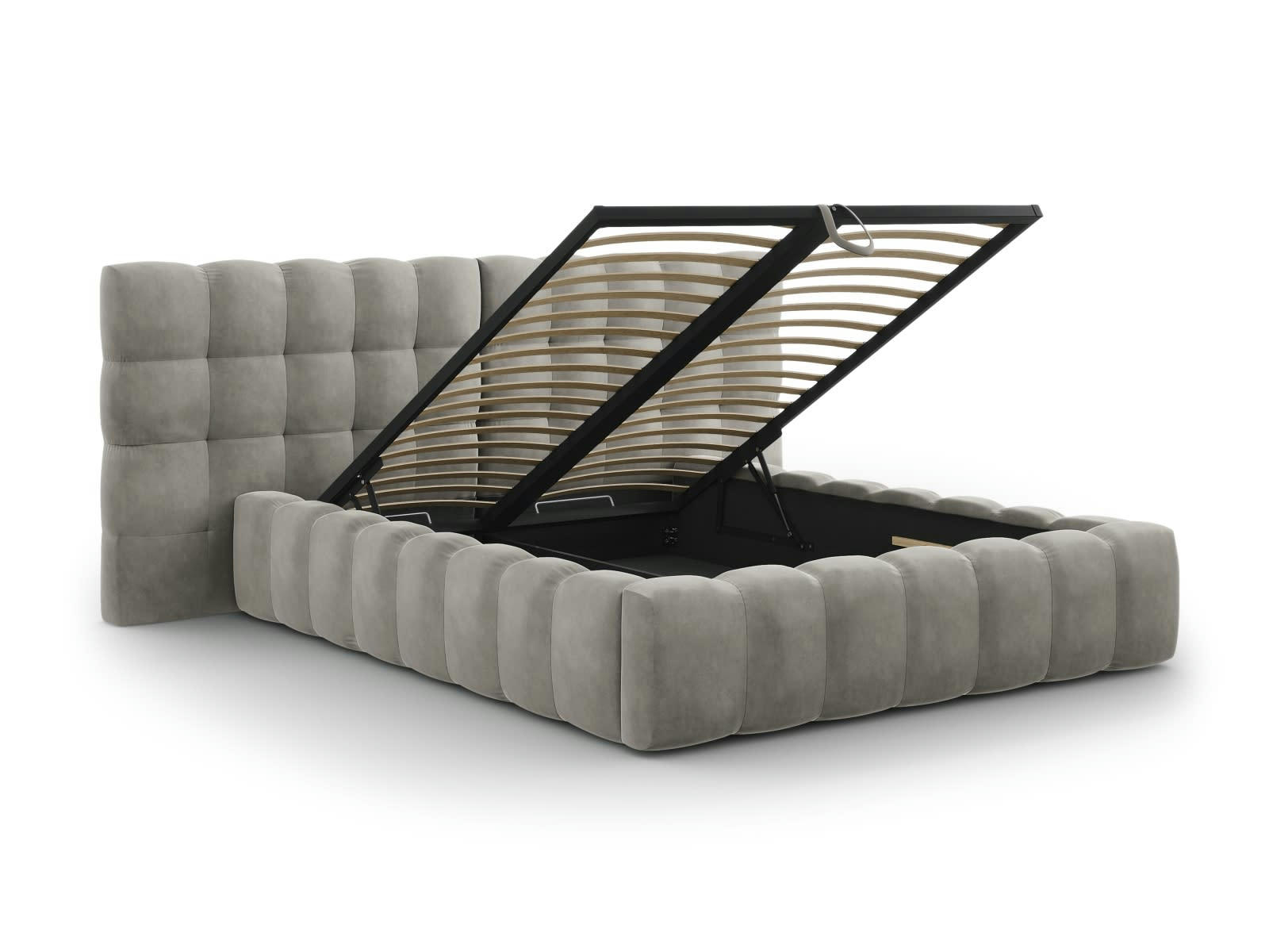 MAMAIA - Lit coffre en avec tête de lit double 160x200cm velours gris clair