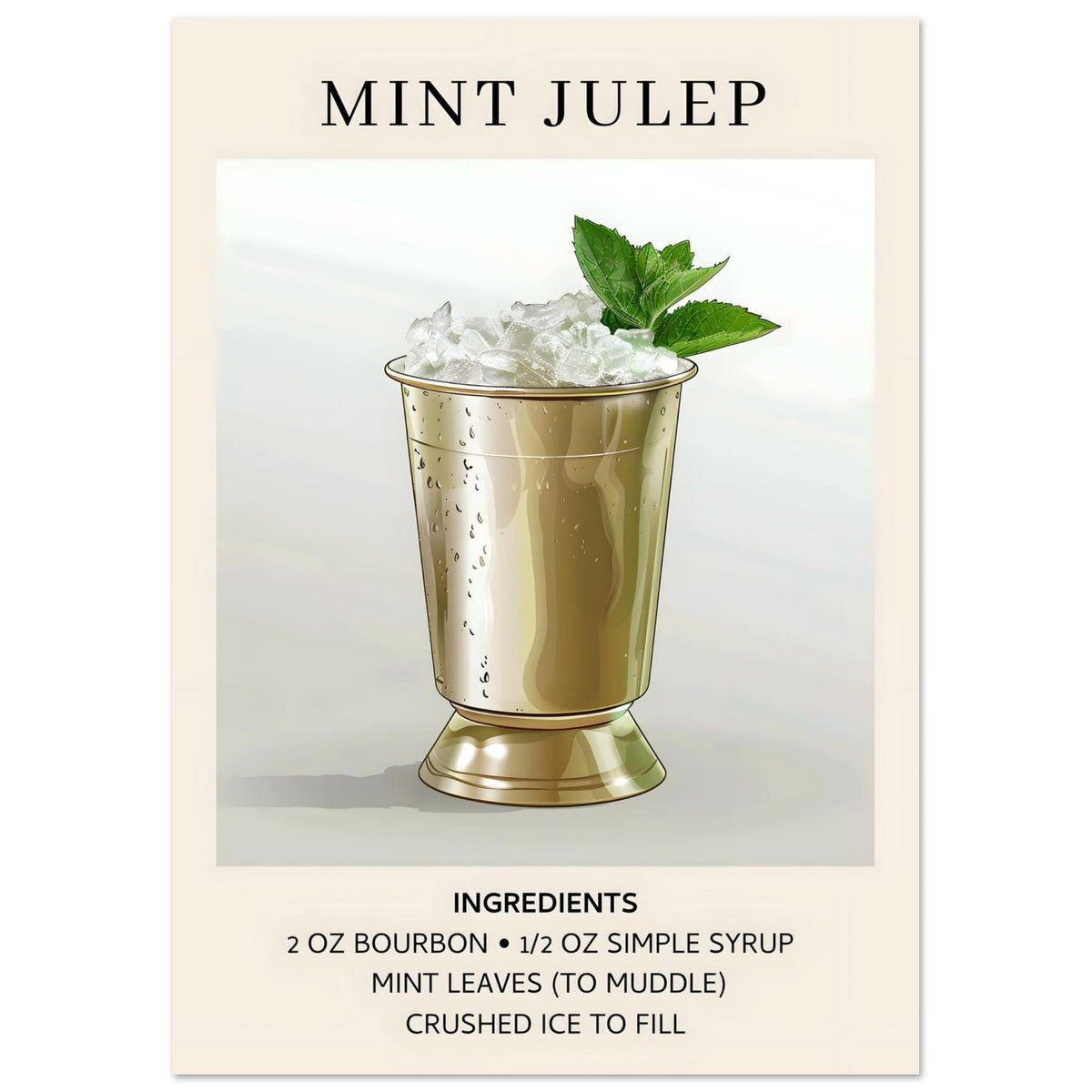 Artfulprints Poster Mint Julep cocktail - Ingredients  - A4 21x29.7 cm - Grijs