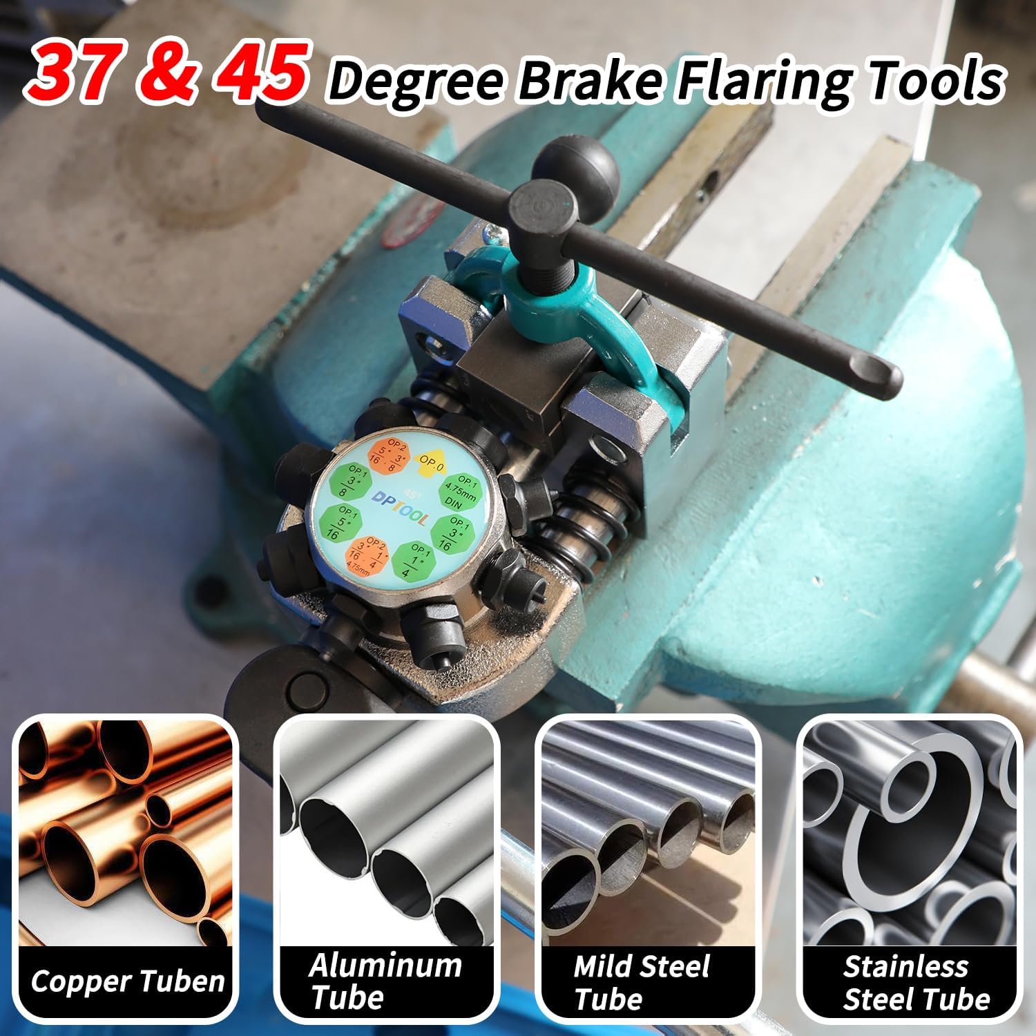 DPTOOL Brake Line Flaring Tool Kit, 45 and 37 Degree Single, Double and Bubble Flares, Brake Line and Tubing Flaring Tool for 3/16, 1/4, 5/16, 3/8 and 4.75mm Tubing