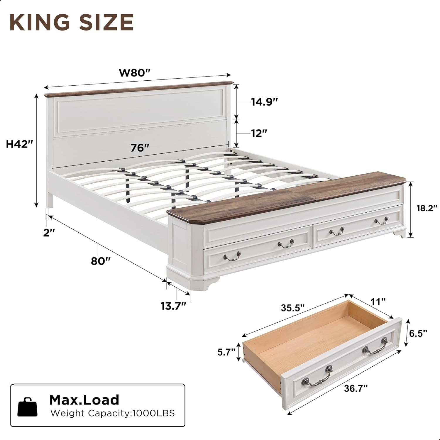 T4TREAM Farmhouse King Bed with Headboard and Storage Bench, Rustic Wood Platform Bed with 80 Storage Chest w/ 4 Large Drawer (Antique White)