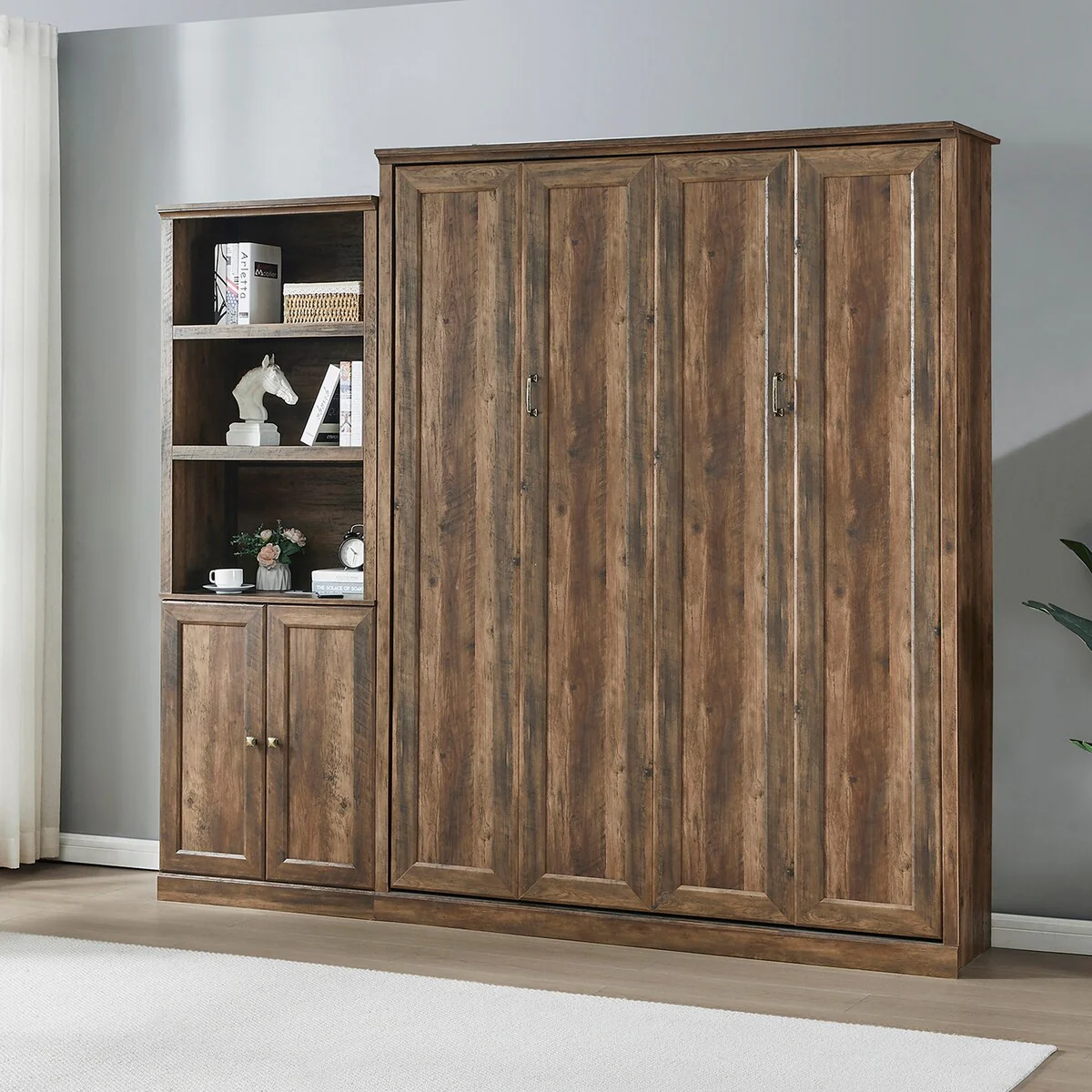 Queen Size Murphy Bed with 1 Side Cabinet Storage Shelf