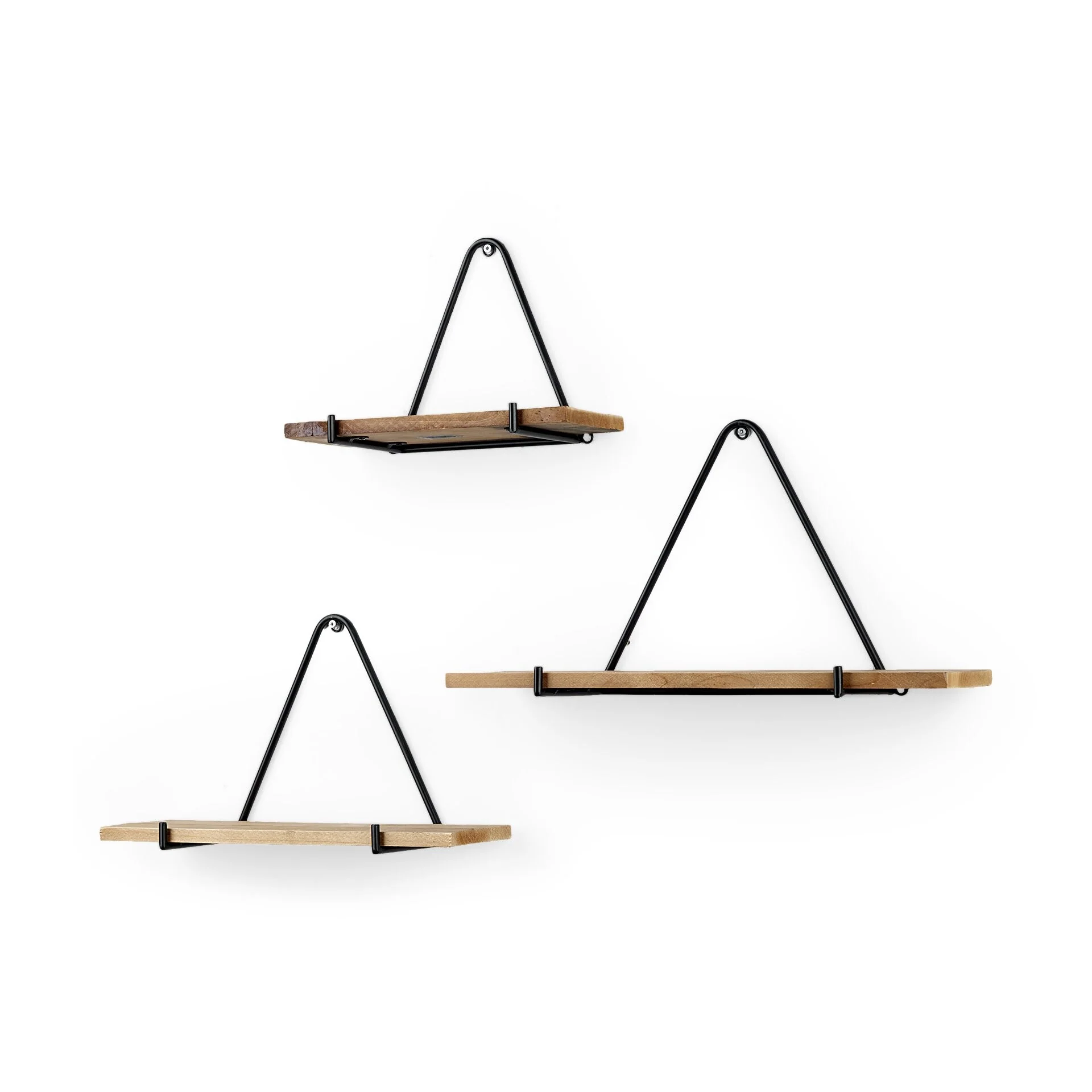 HomeRoots Set Of Three Black And Brown Metal And Solid Wood Triangle Wall Mounted Accent Shelves