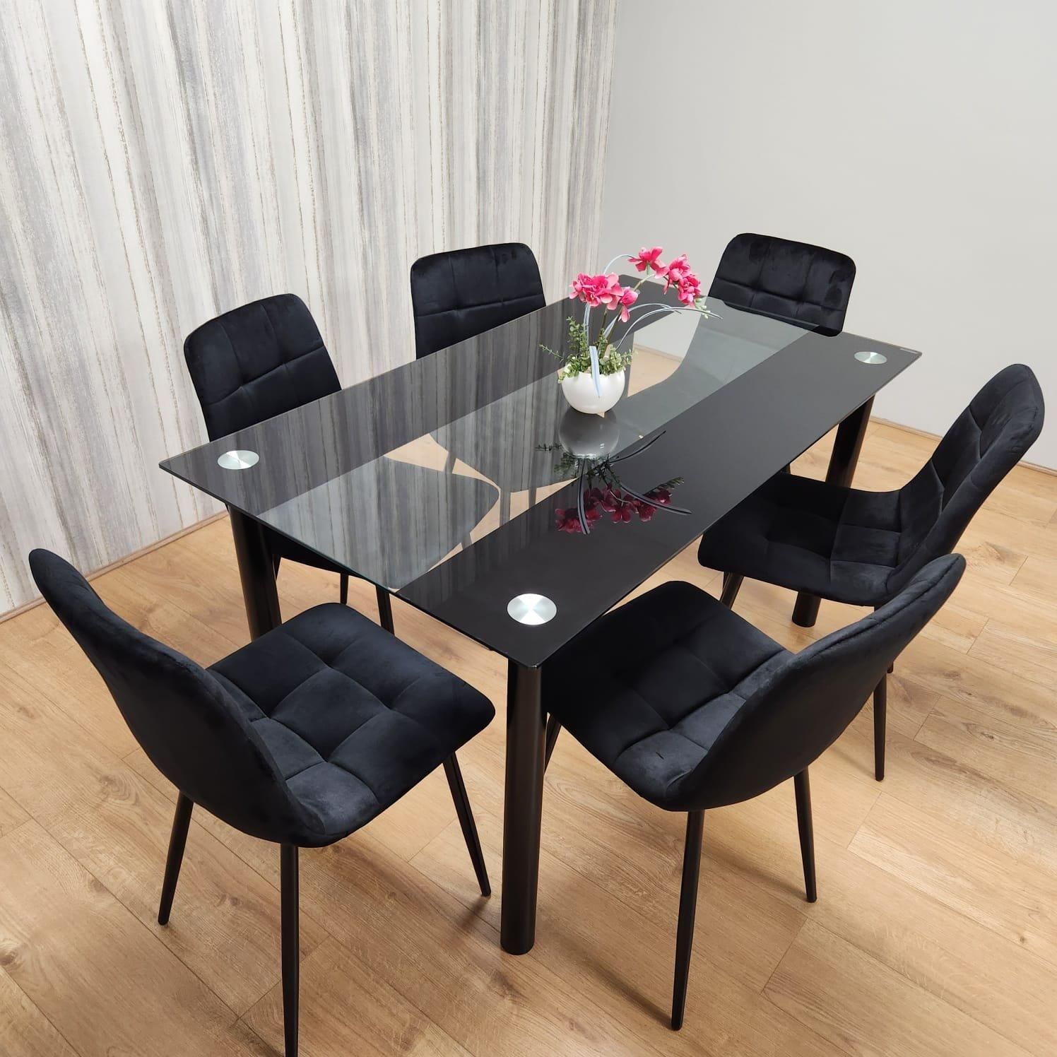 KOSY KOALA Black Clear Glass Dining Table With 6 Black Tufted Velvet Chairs Kitchen Dining Set