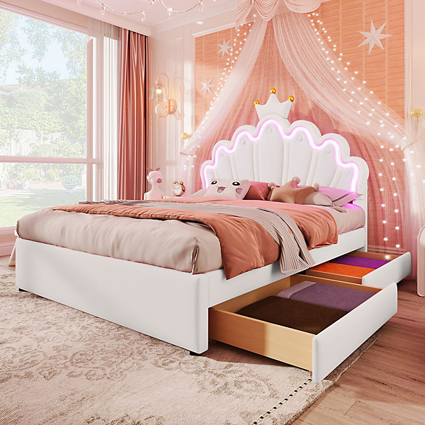 Lit double 140x200 cm - Lit enfant avec 2 rangements - PU   MDF - Sans matelas - Blanc