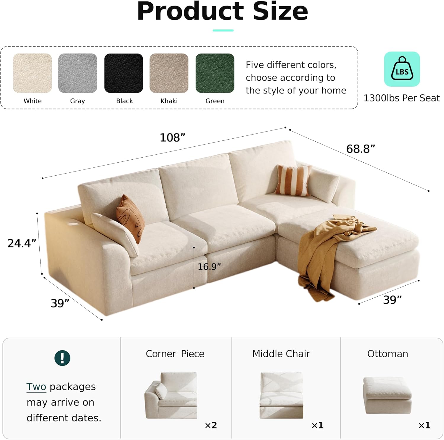 108 Modern Cloud Couch, Plush L Shaped Sectional Couch with Ottoman, Comfy Boneless Couch Modular Sofa, High-Density Memory Foam Deep Seat, No Assembly Required, Pet-Friendly, White