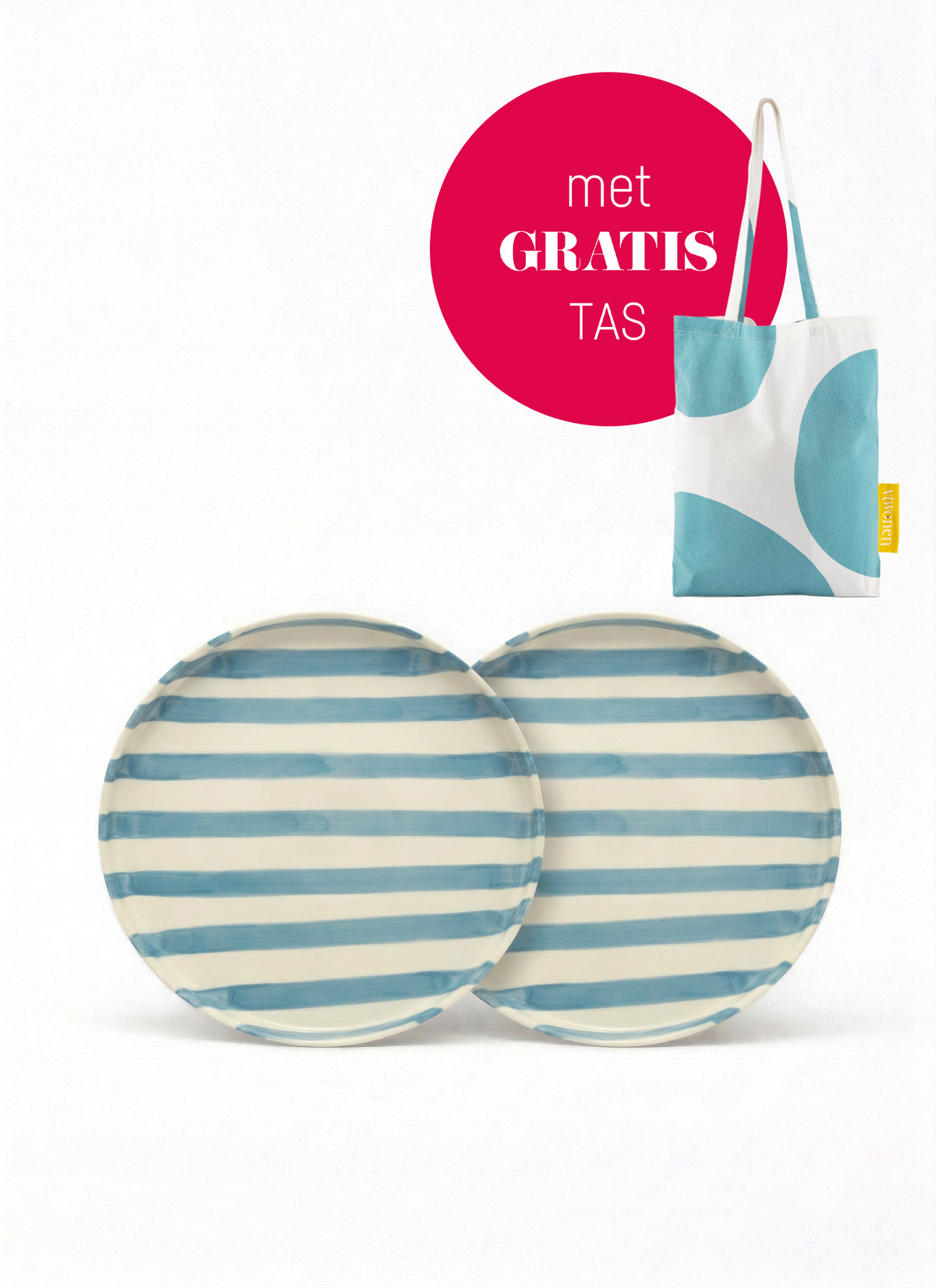 vtwonen - Lunchbord - Strepen - Blauw - Set van 2 - Keramiek - 20cm