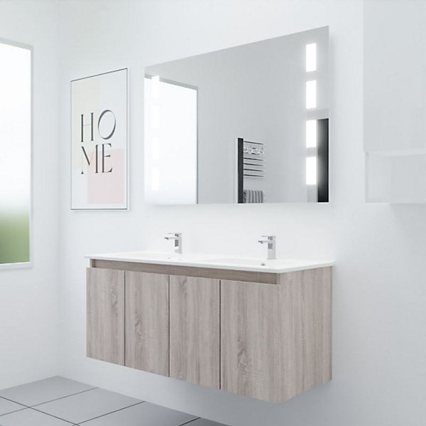 Meuble PROLINE 120 cm avec plan double vasque et miroir Prestige Plus- Bois- Plan vasque en Céramique