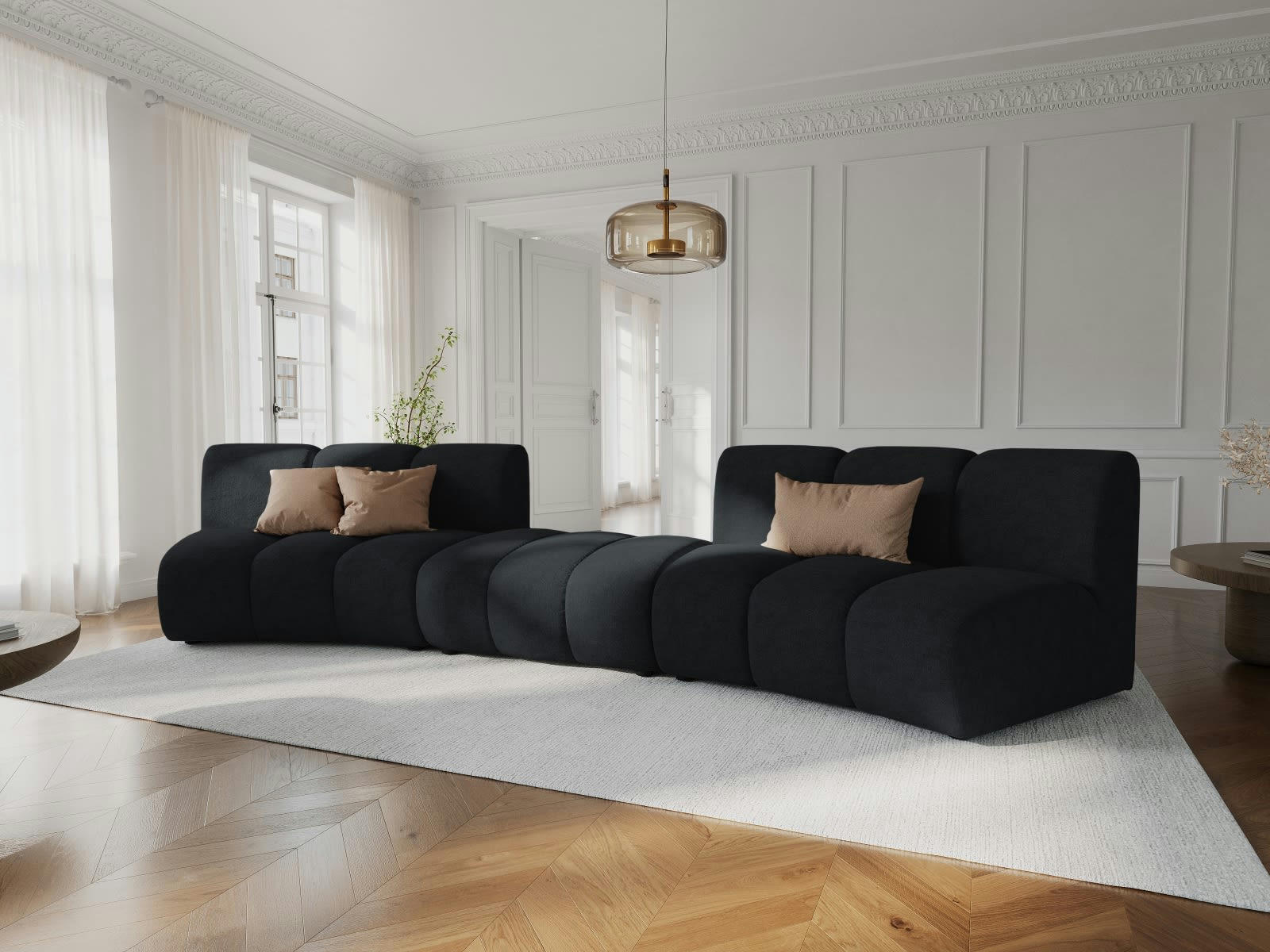 LUPINE - Canapé arrondi 5 places en tissu chenille noir