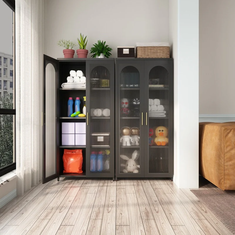 Metal Sideboard Buffet Storage Cabinet with Glass Doors and Adjustable Shelf