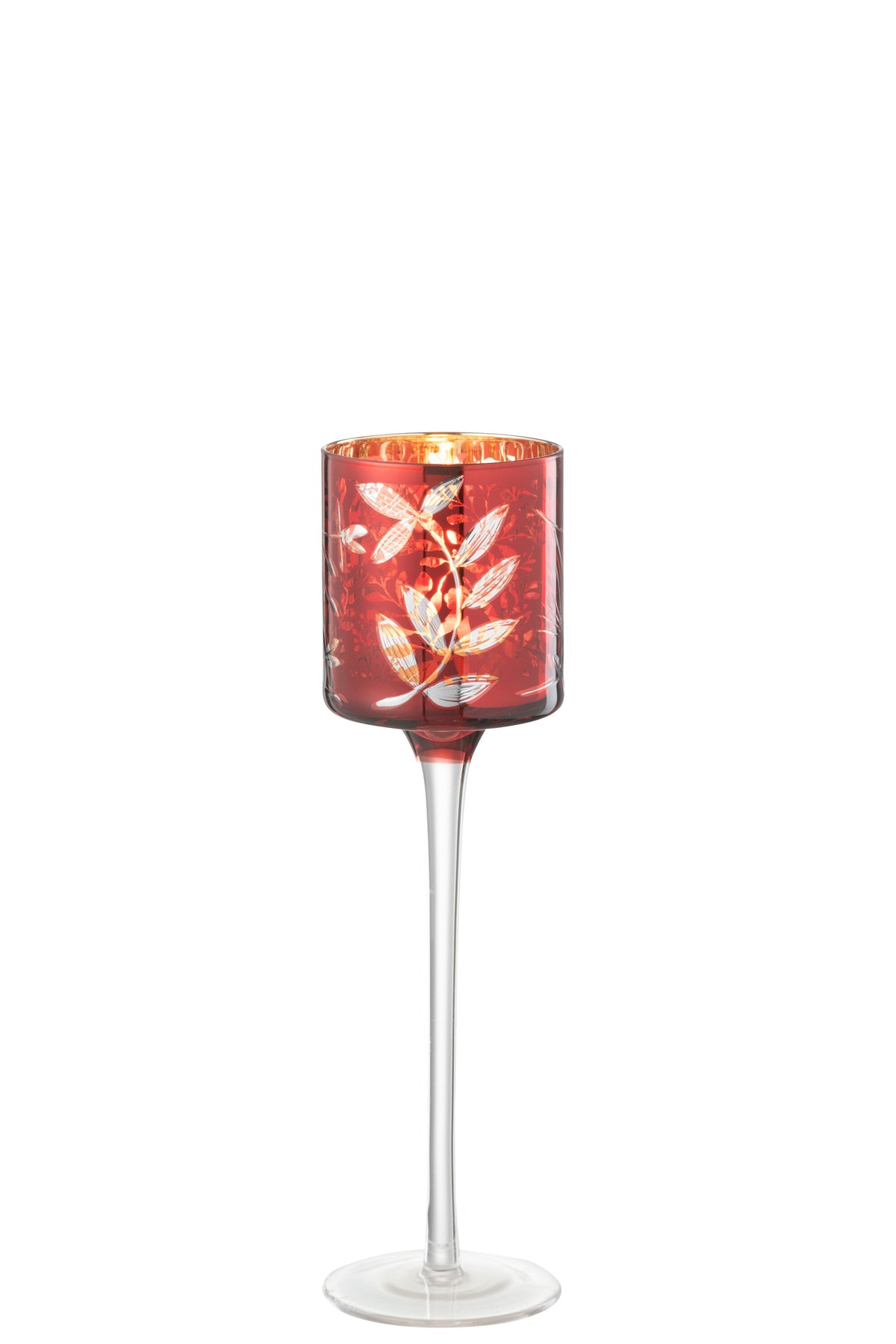 J-Line theelichthouder Op Voet Blaadjes - glas - rood/goud - small