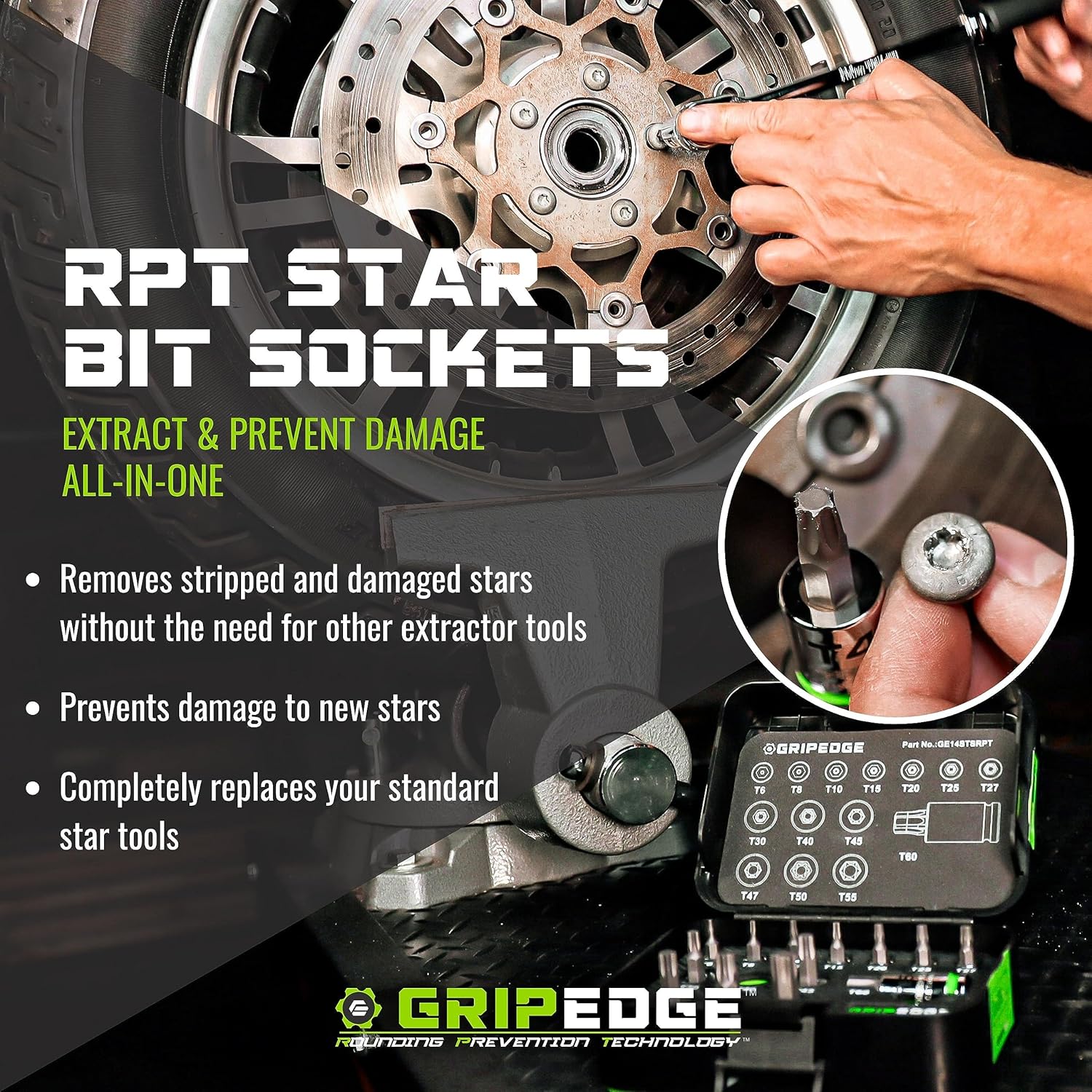 GRIPEDGE Tools | 9PC RPT Star Driver Set | Sizes T6 - T40 | 1/4'' Drive | Made With S2 Steel | Includes Premium Aluminum Socket Rail |