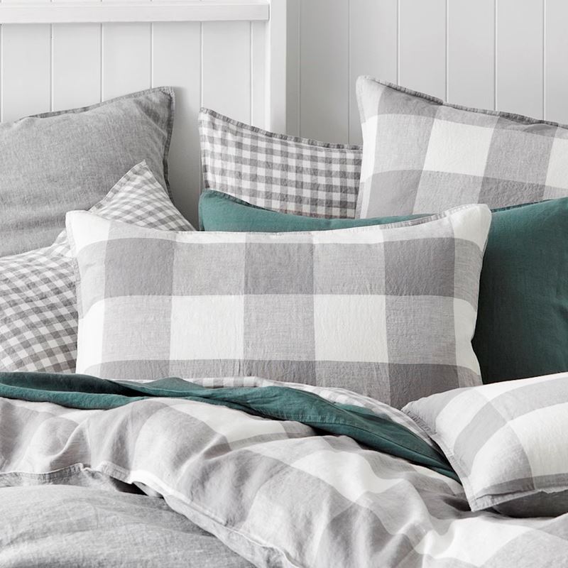 Vintage Washed Linen Large Grey Marle Check Quilt Cover Separates