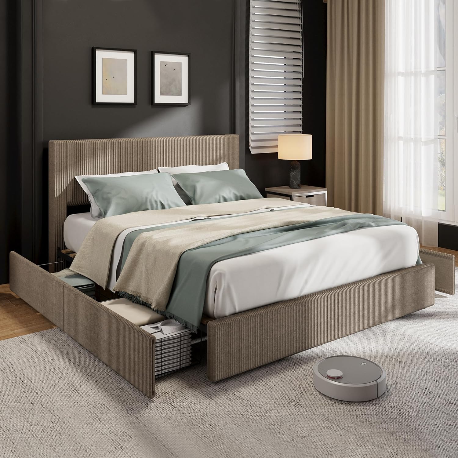 Garvee Corduroy Full Bed Frame with Headboard, Platform Upholstered Bed Frame with 4 Storage Drawers and Wooden Slats Support, No Box Spring Needed, Brown