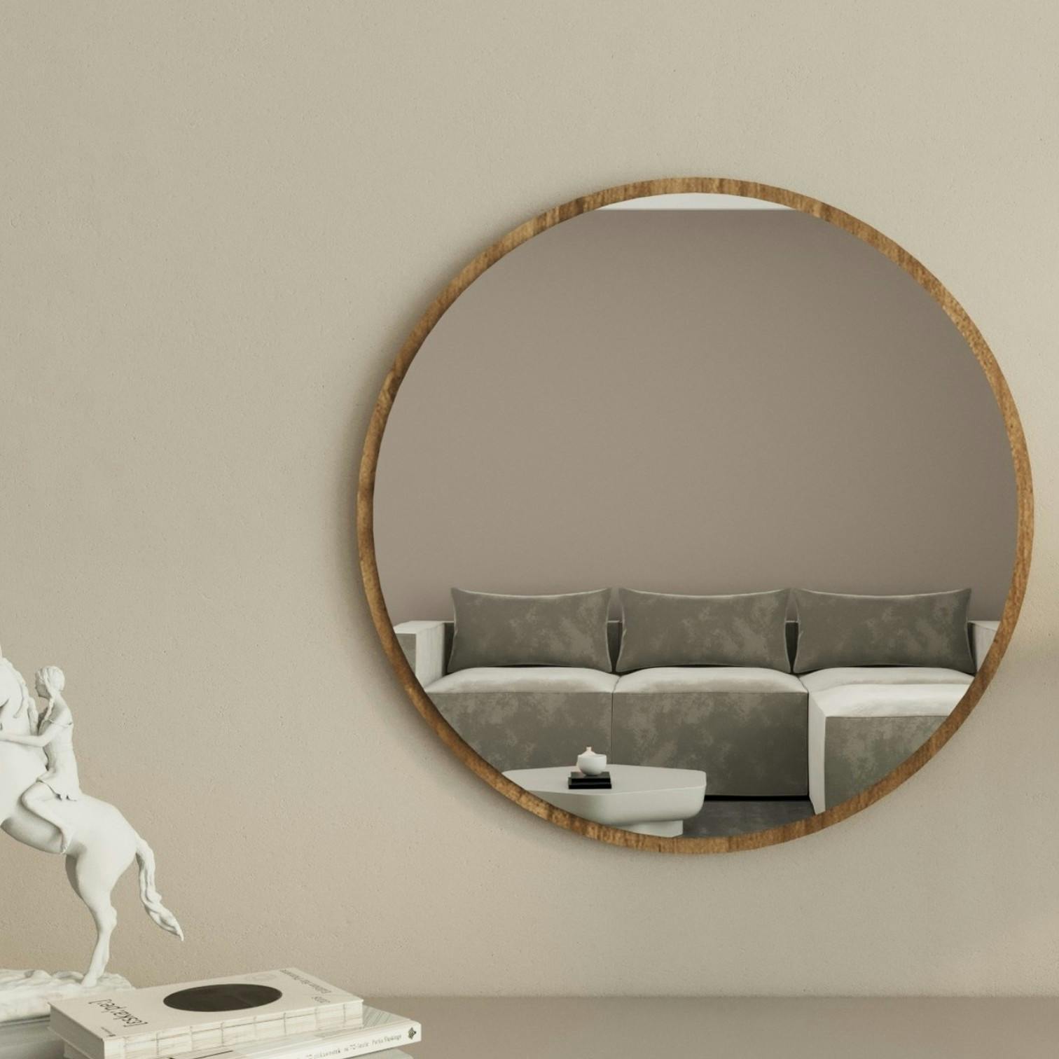 Miroir rond moderne avec cadre effet noyerØ60 cm CODY