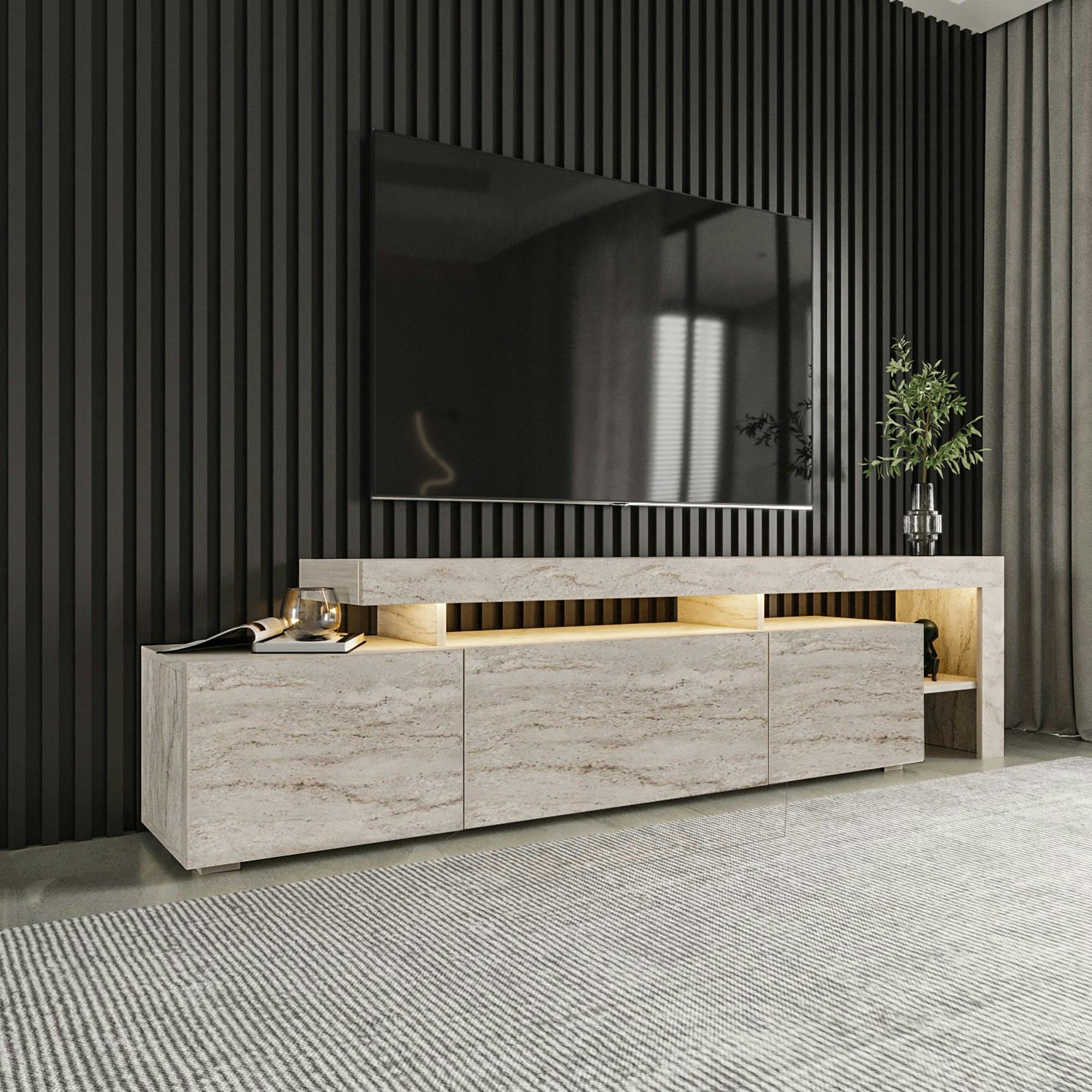 Meuble TV design effet travertin - 3 portes, niches MARFA