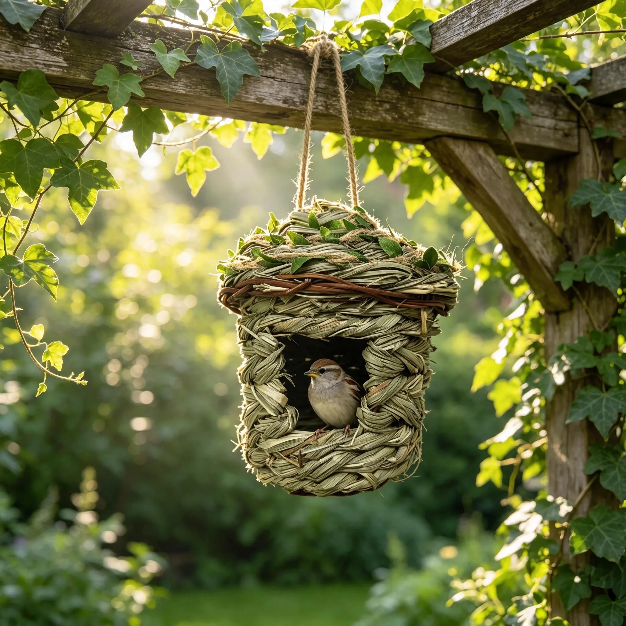 Handwoven Bird House, Natural Seagrass Nest with Green Leaf Trim, Weatherproof Outdoor Garden Nest Box for Robins Bluebirdsesting Box