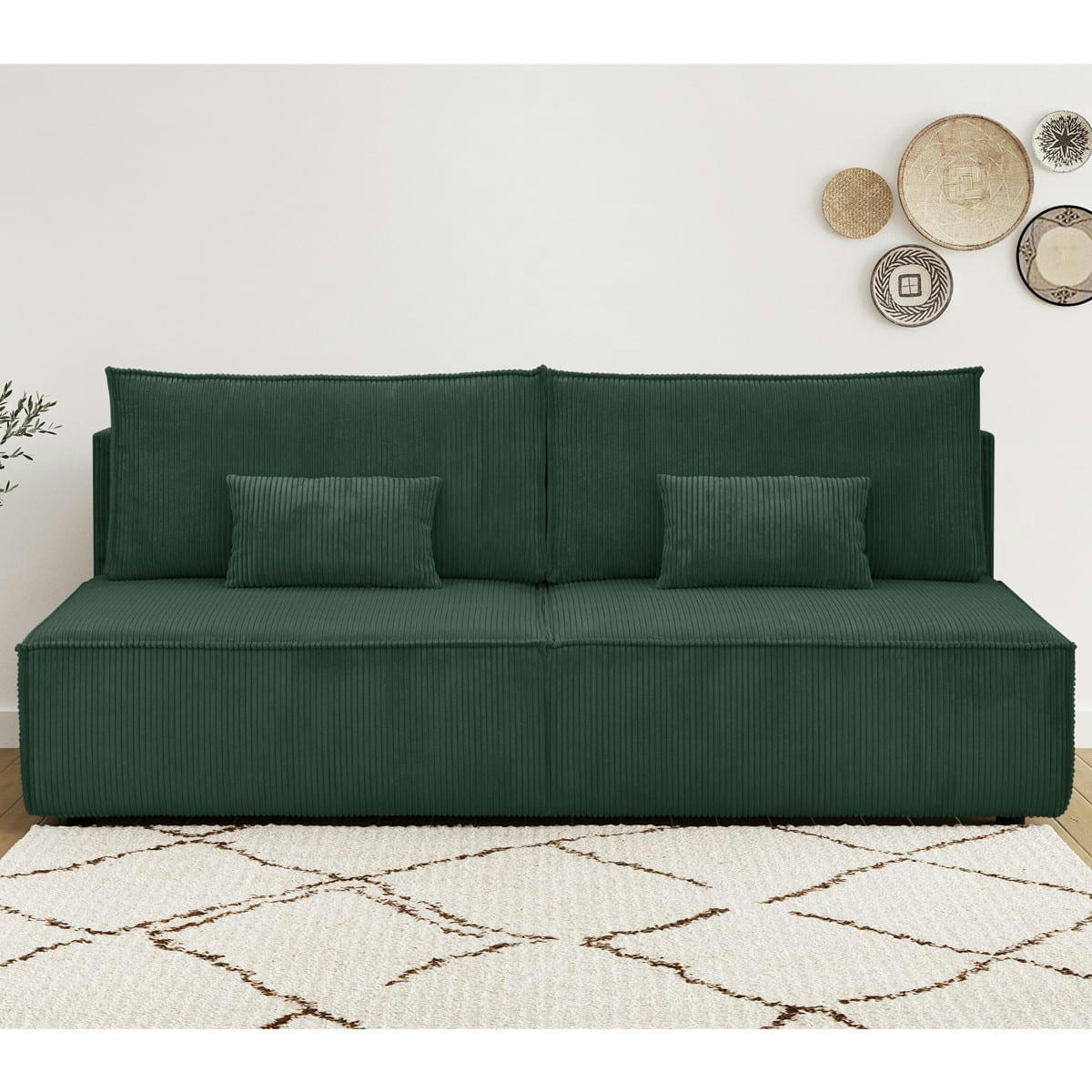 MILLA - Canapé convertible 3 places avec coffre en velours côtelé vert foncé