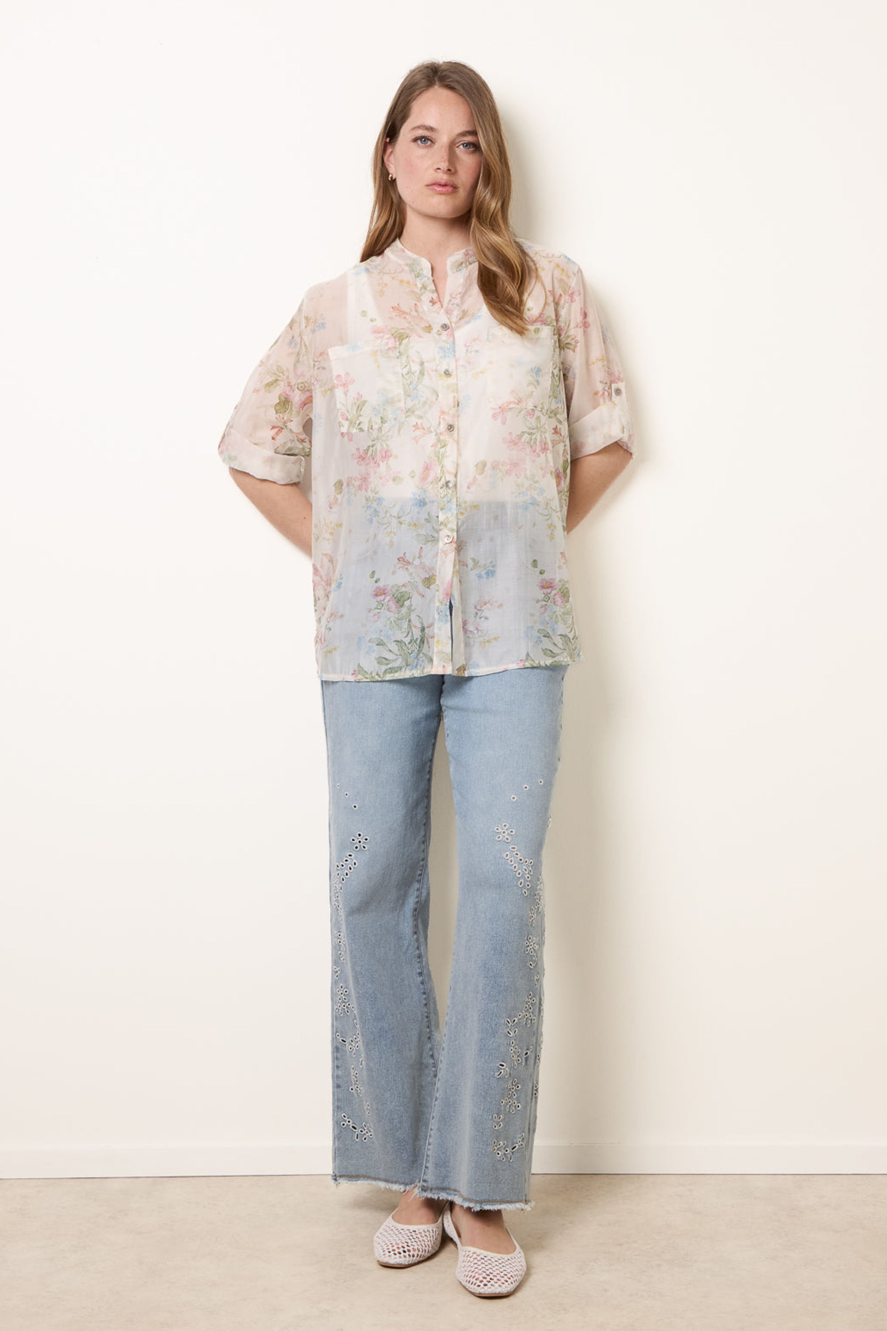 Blue Vanilla White Sheer Floral Shirt