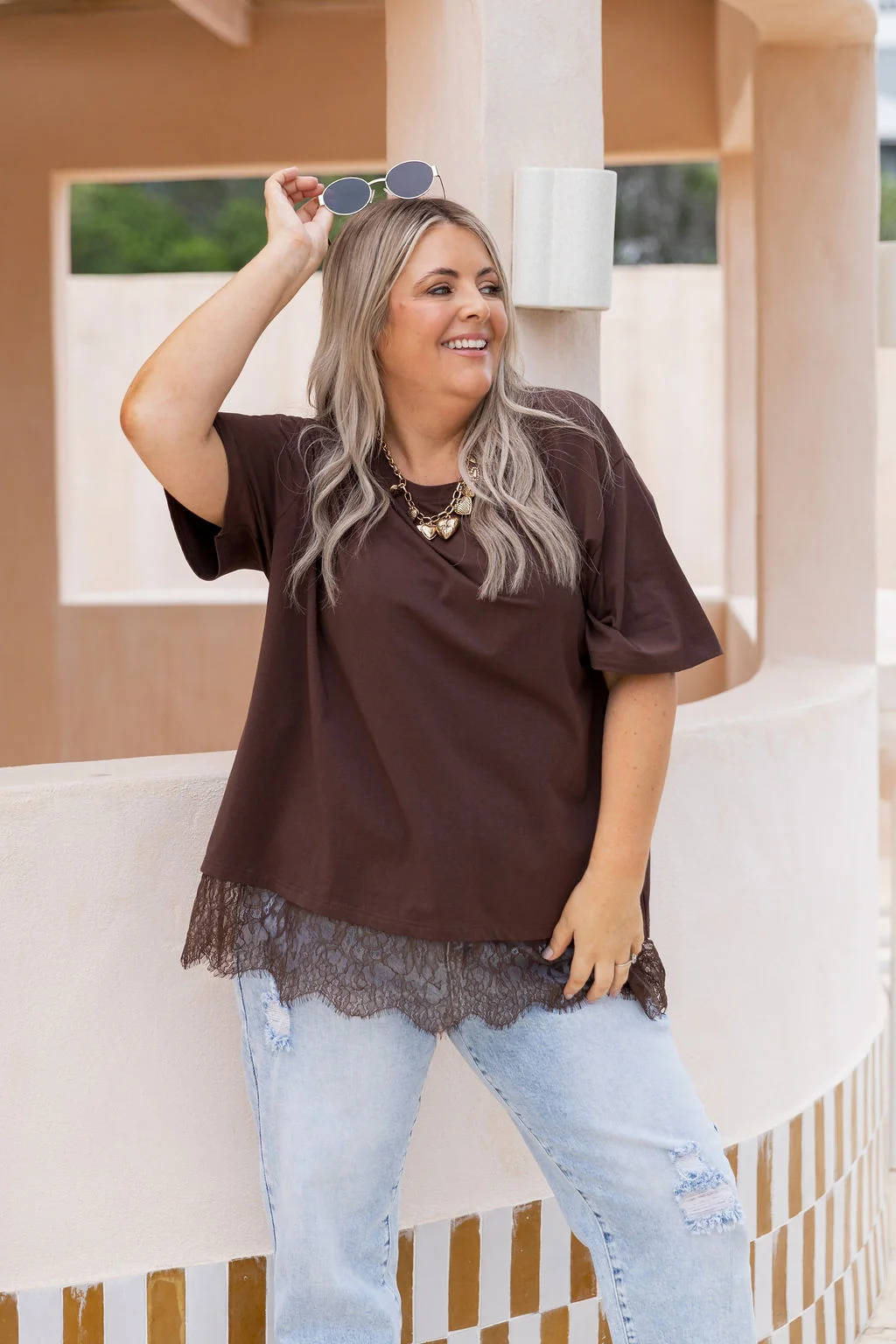 Lola Lace Trim Tee in Chocolate