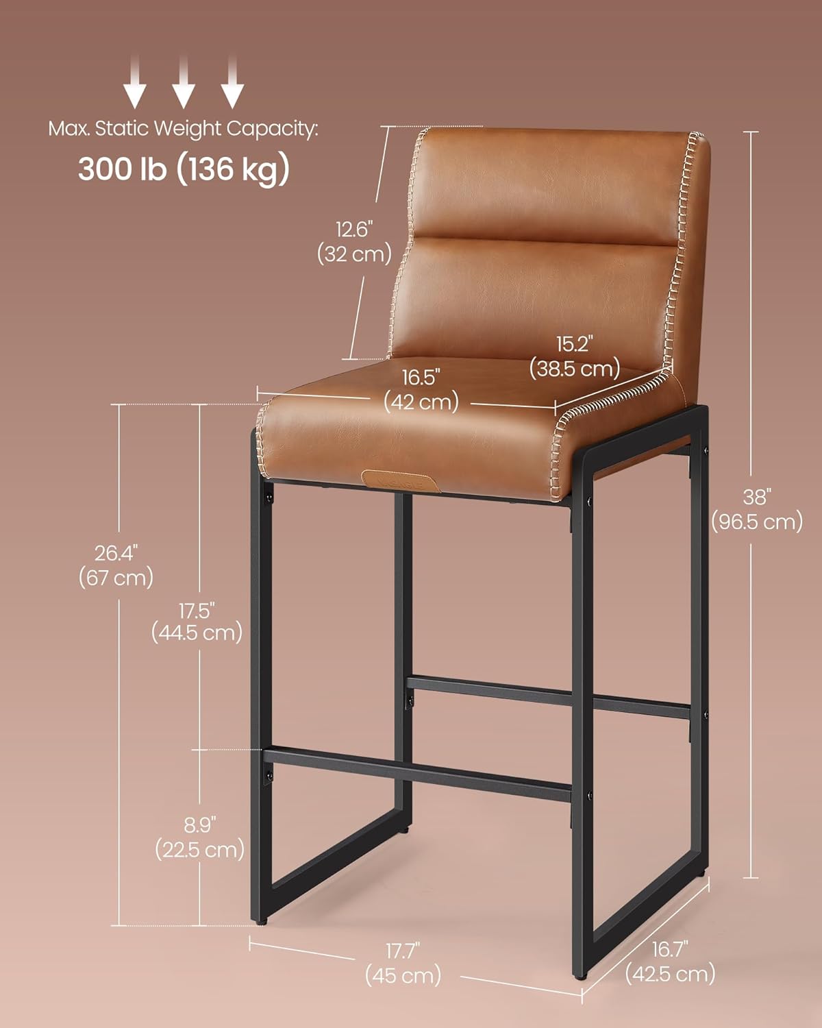 VASAGLE EKHO Collection - Bar Stools Set of 4, Counter Height Stools with Backs, 26.4-Inch Barstools Chairs, Synthetic Leather with Stitching, Mid-Century Modern, Dining Kitchen Island, Caramel Brown