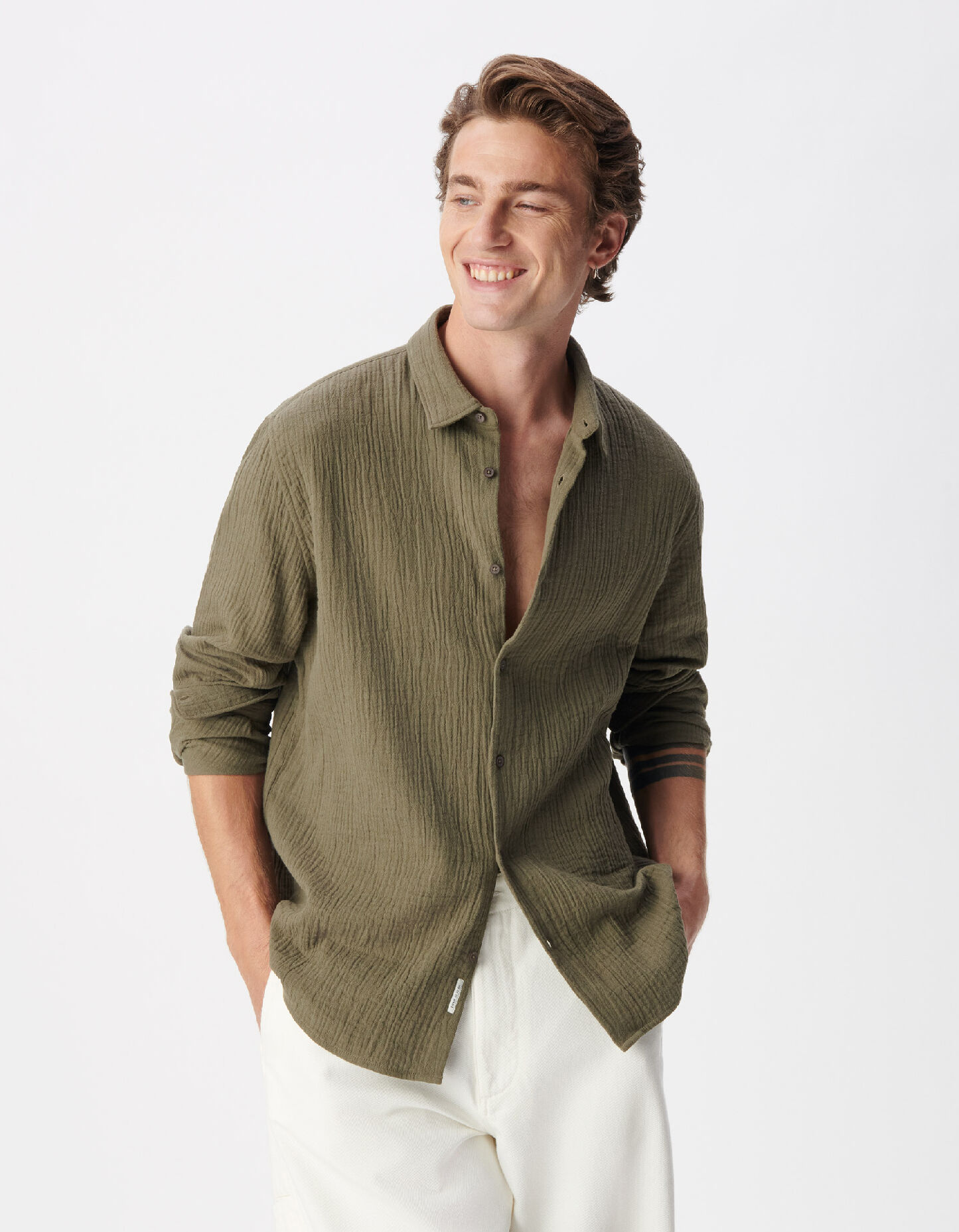 Chemise regular kaki gaze de coton bio Homme