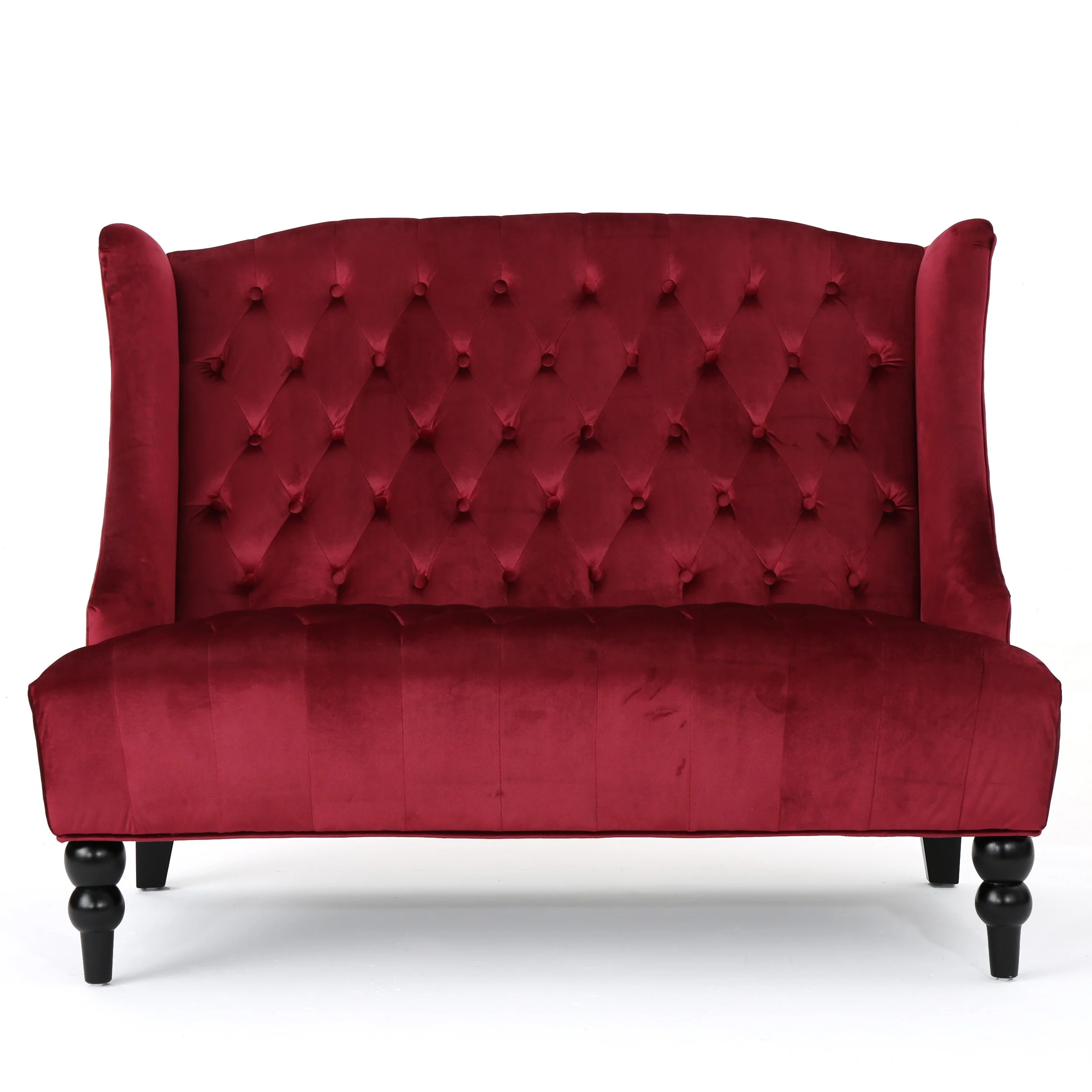 Wine Red 50.25 Velvet Button Tufted High Wingback Loveseat Sofa with Wood Legs for Living Room