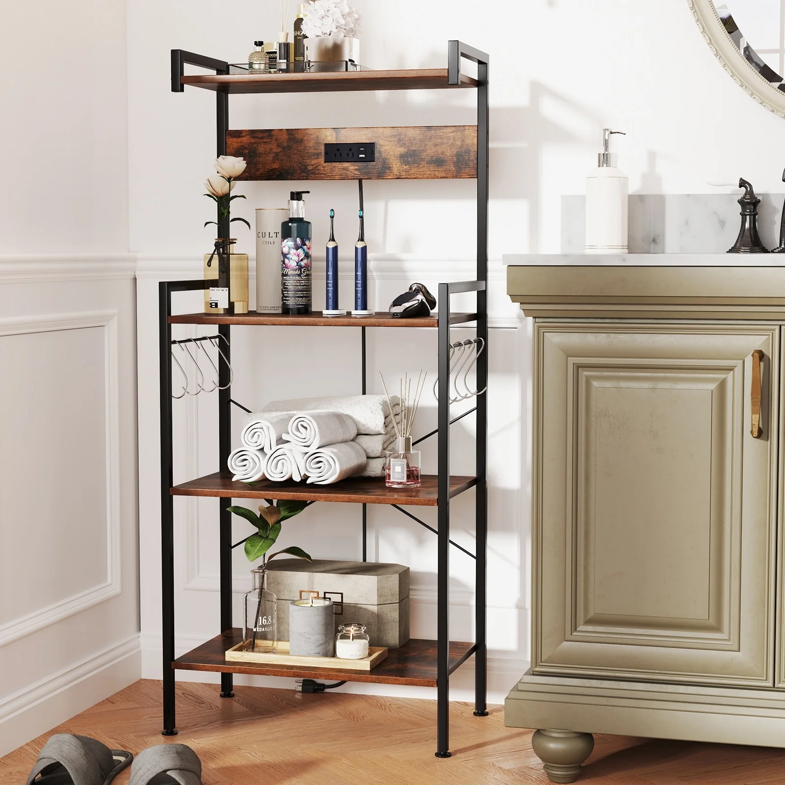 4-Tier Rustic Brown Kitchen Baker’s Rack with Charging Station and Hooks Storage Shelf - 23 × 13 × 54 (L x W x H)