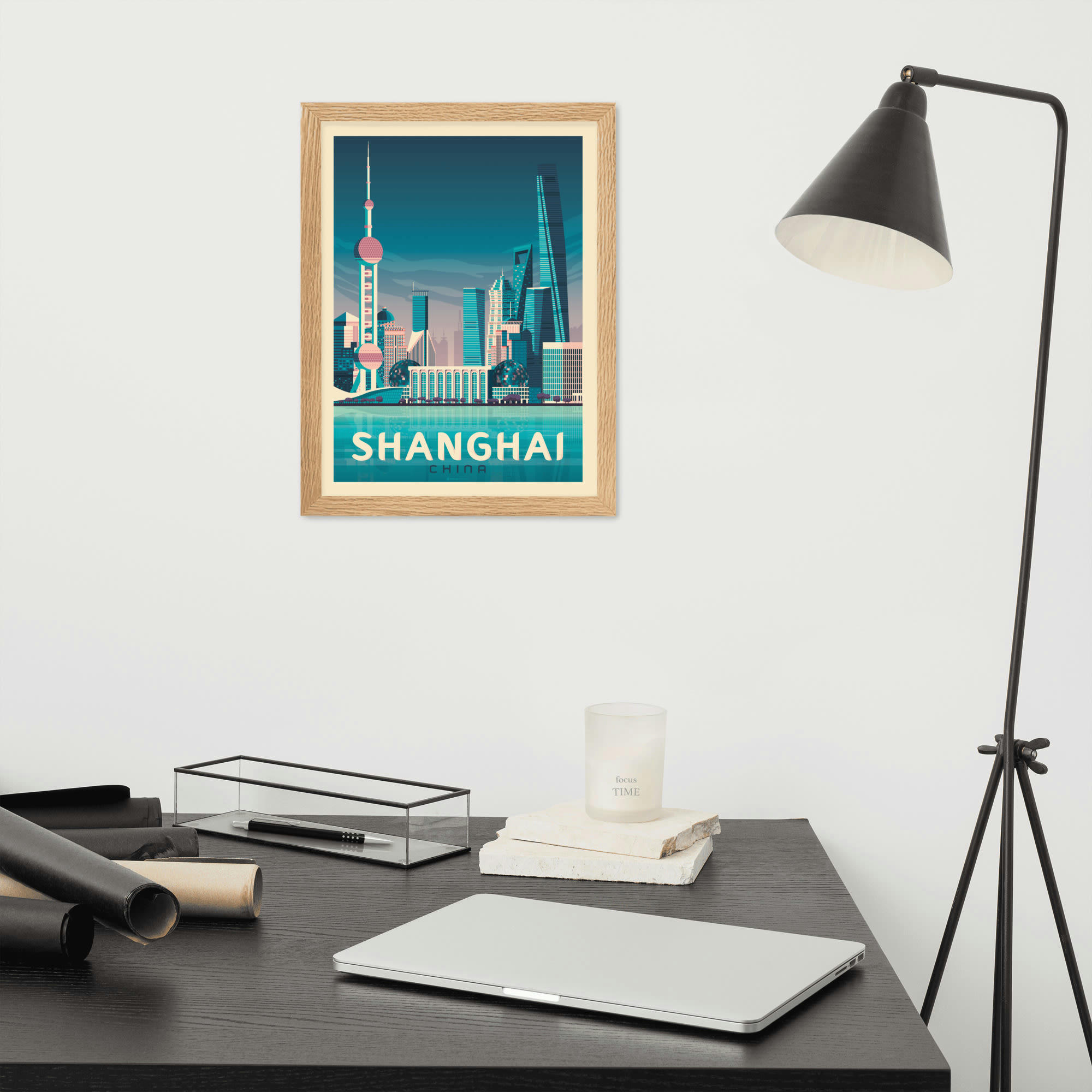 - Affiche Shanghai Chine Asie avec Cadre (Bois) 21x29,7 cm