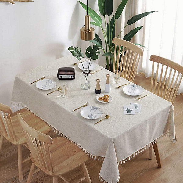 BASHLWUA Nappe à pompon à rayures en coton et lin résistant aux taches/(rectangle, 55 x 71 pouces, lin) Housse de table imperméabl