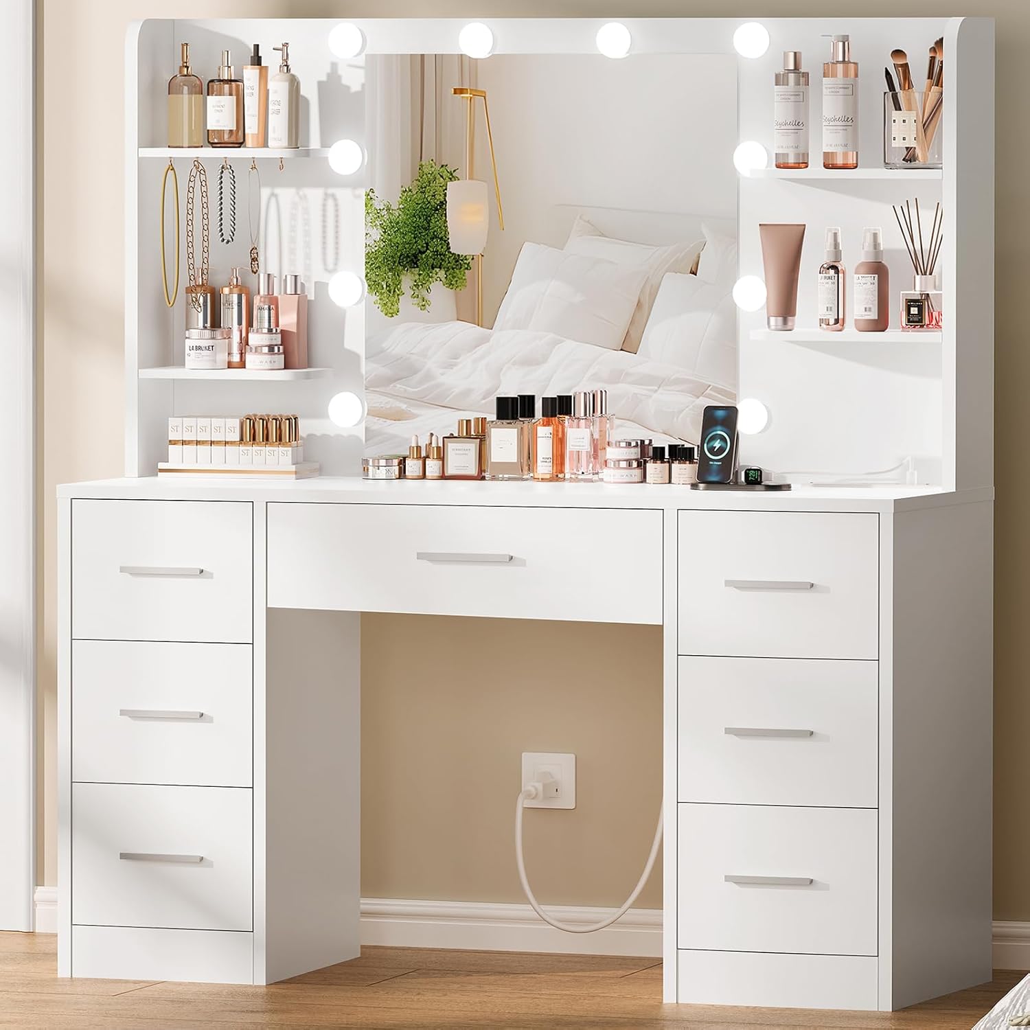 Quimoo Large Vanity Desk with LED Lighted Mirror & Power Outlet,Makeup Vanity Table with 7 Drawers,4 Shelves and 5 Hooks,Vanity Table, Vanity Desk Set for Bedroom,Bathroom,White