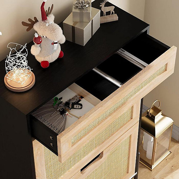 Meuble à Chaussures en Rotin - PROMIRACAL - 2 Portes   1 Tiroir - Bois MDF et Métal - Anti-Basculement - 61x24x102cm - Noir