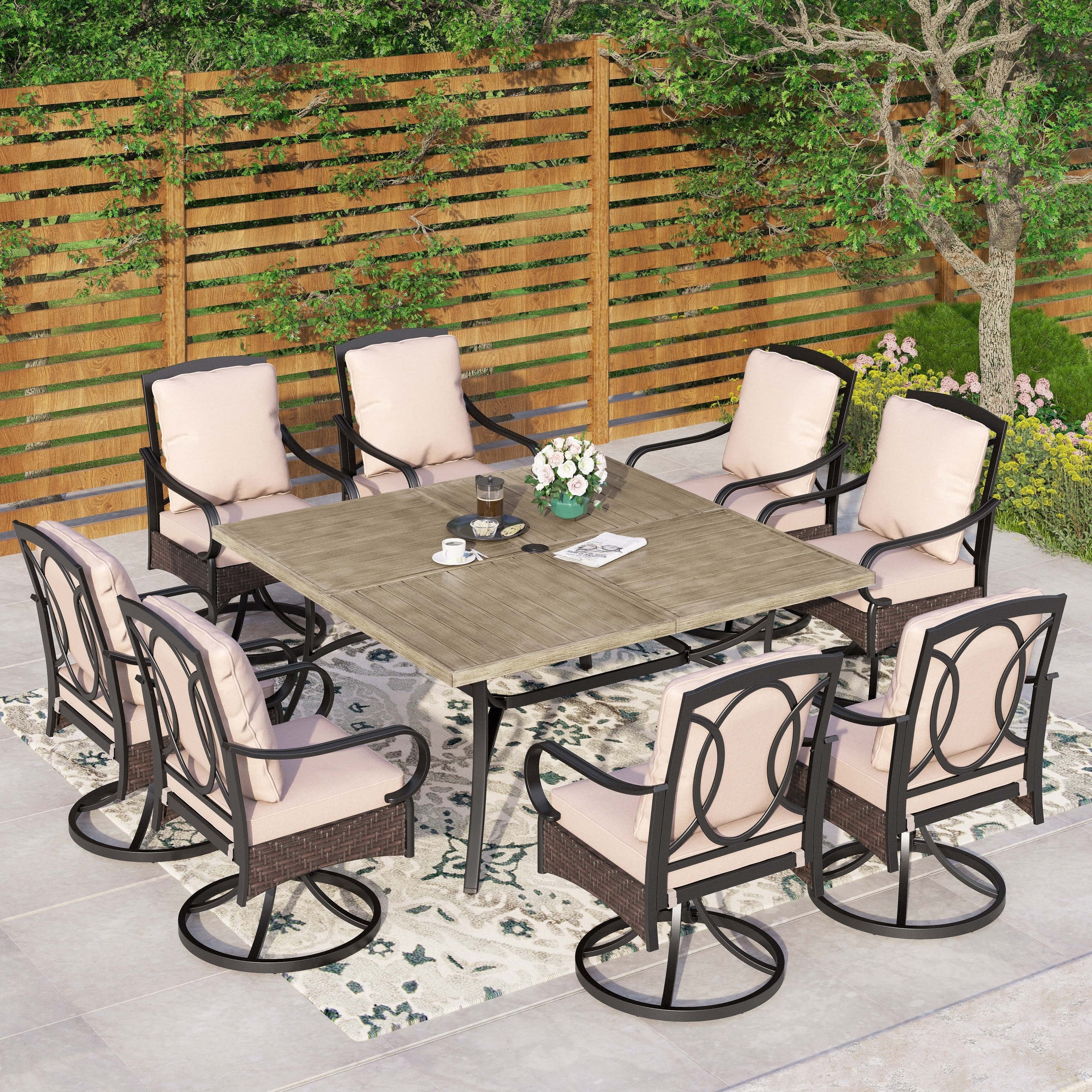 Metal Outdoor Dining Set for 8 with Square Table & Heavy-Duty Padded Fixed and Swivel Chairs, Patio Furniture Set (Beige)