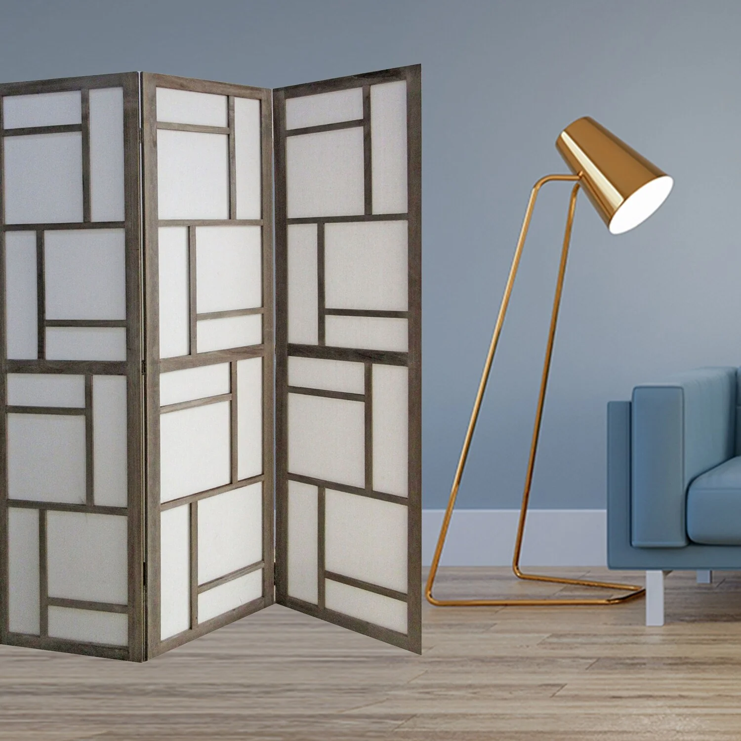 67 x 1.5 x 50 Gray Fabric And Wood 3 Panel Screen