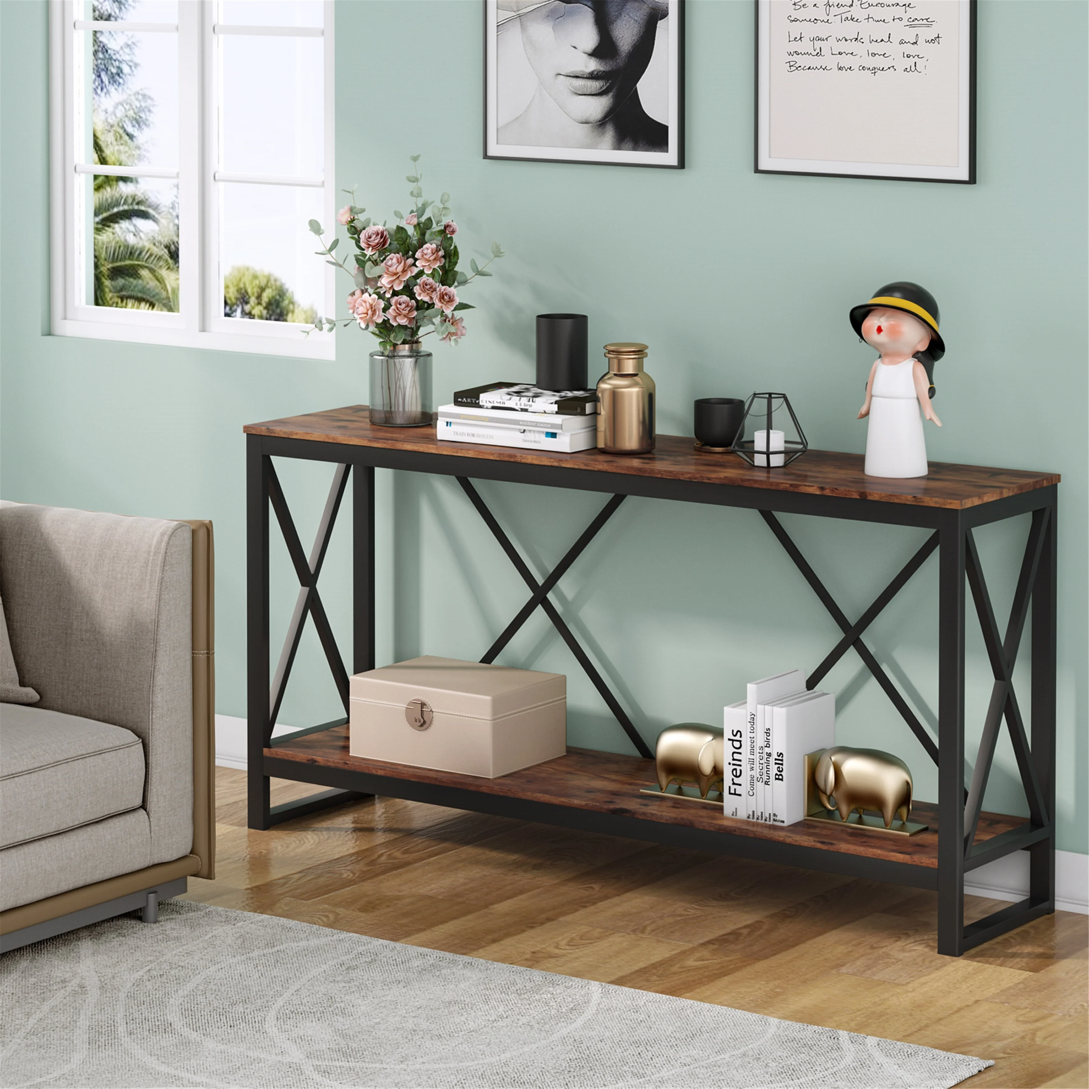 Wood 70.9-inche Industrial Console Sofa Table Narrow Long Entryway Tables for Small Space