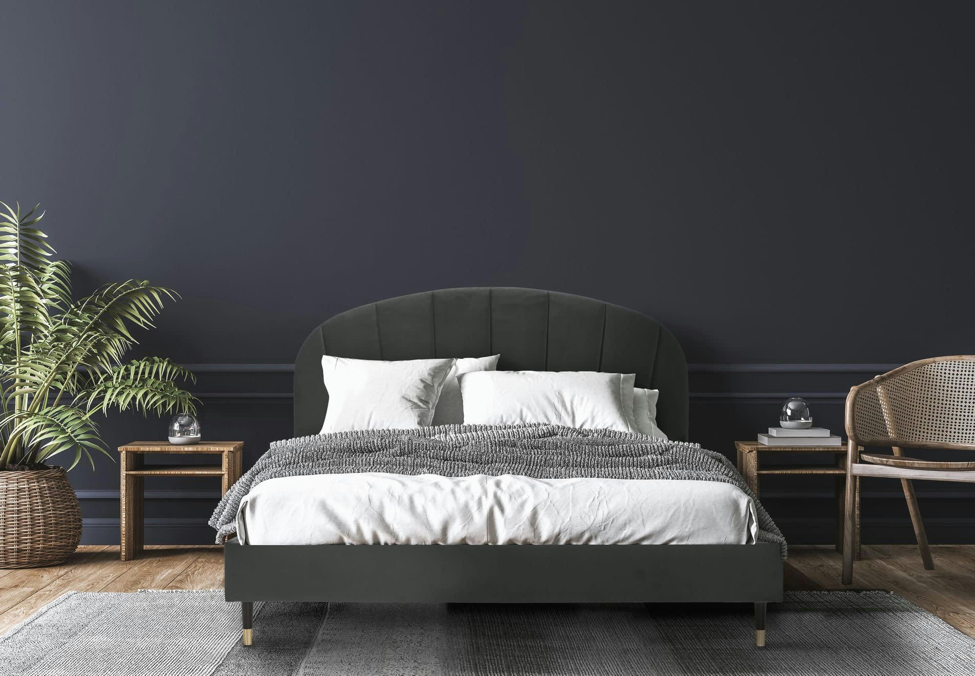 ALBA - Lit avec matelas 2 places  en velours gris acier 140x190