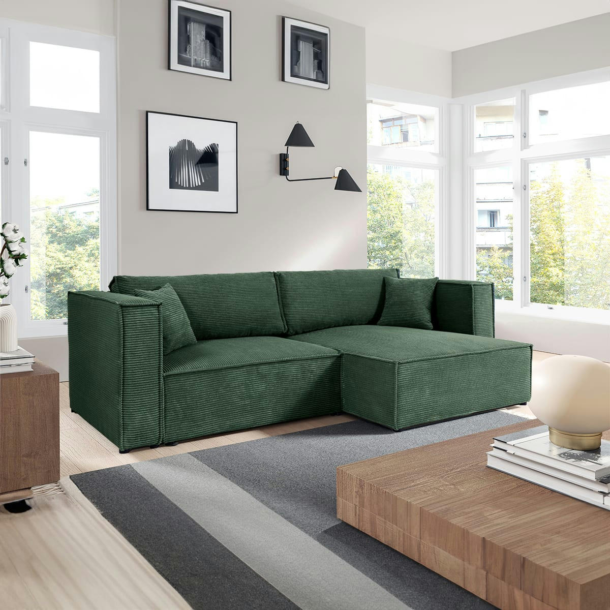 - Canapé d'angle réversible convertible 3 places velours côtelé vert