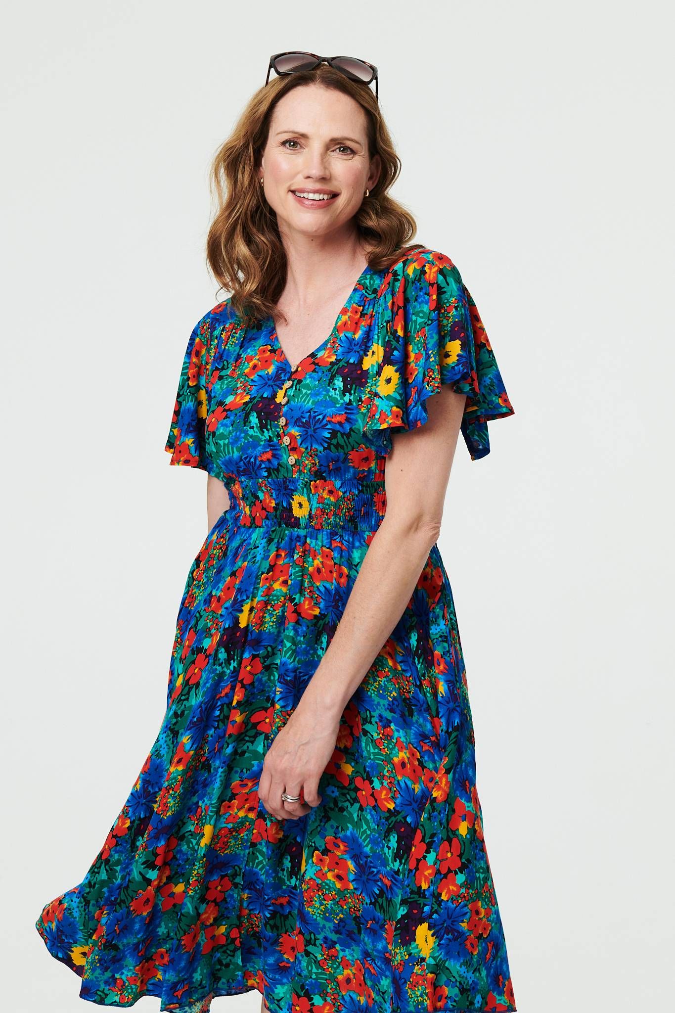 Izabel London Floral Shirred Short Sleeve Midi Dress
