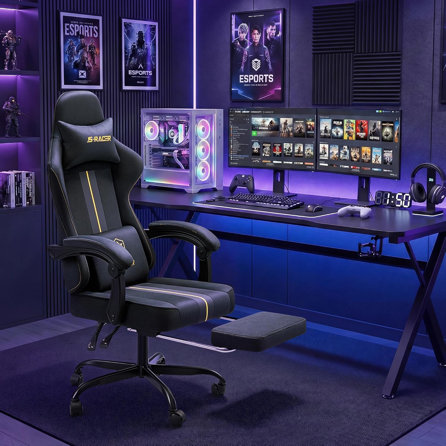 Homall Gaming Chair with Massage & Footrest, Ergonomic Computer Office Chair, High-Back Racing Style Reclining Chair with Adjustable Lumbar Support, Breathable Tech Fabric for Adults (Dark Black)