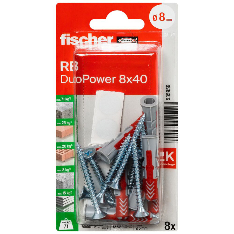 Cheville DuoPower en nylon avec collerette, vis et cache pour fixation d'étagères Ø 8 x 40 mm 8 pièces