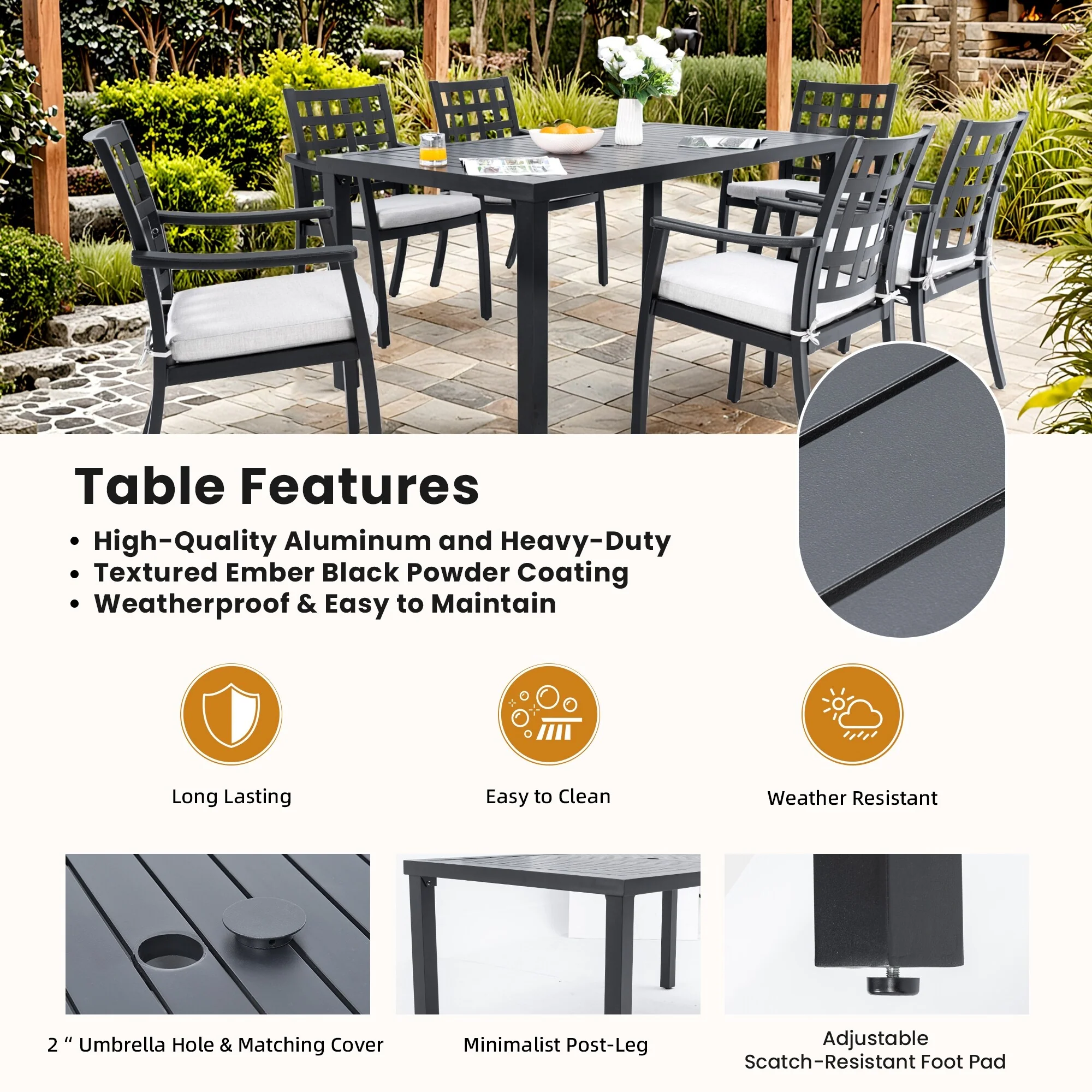 Rectangular Outdoor Patio Dining Table,Rust-Free & Weather-Resistant,Adjustable Foot Pads,Umbrella Hole with Matching Cover