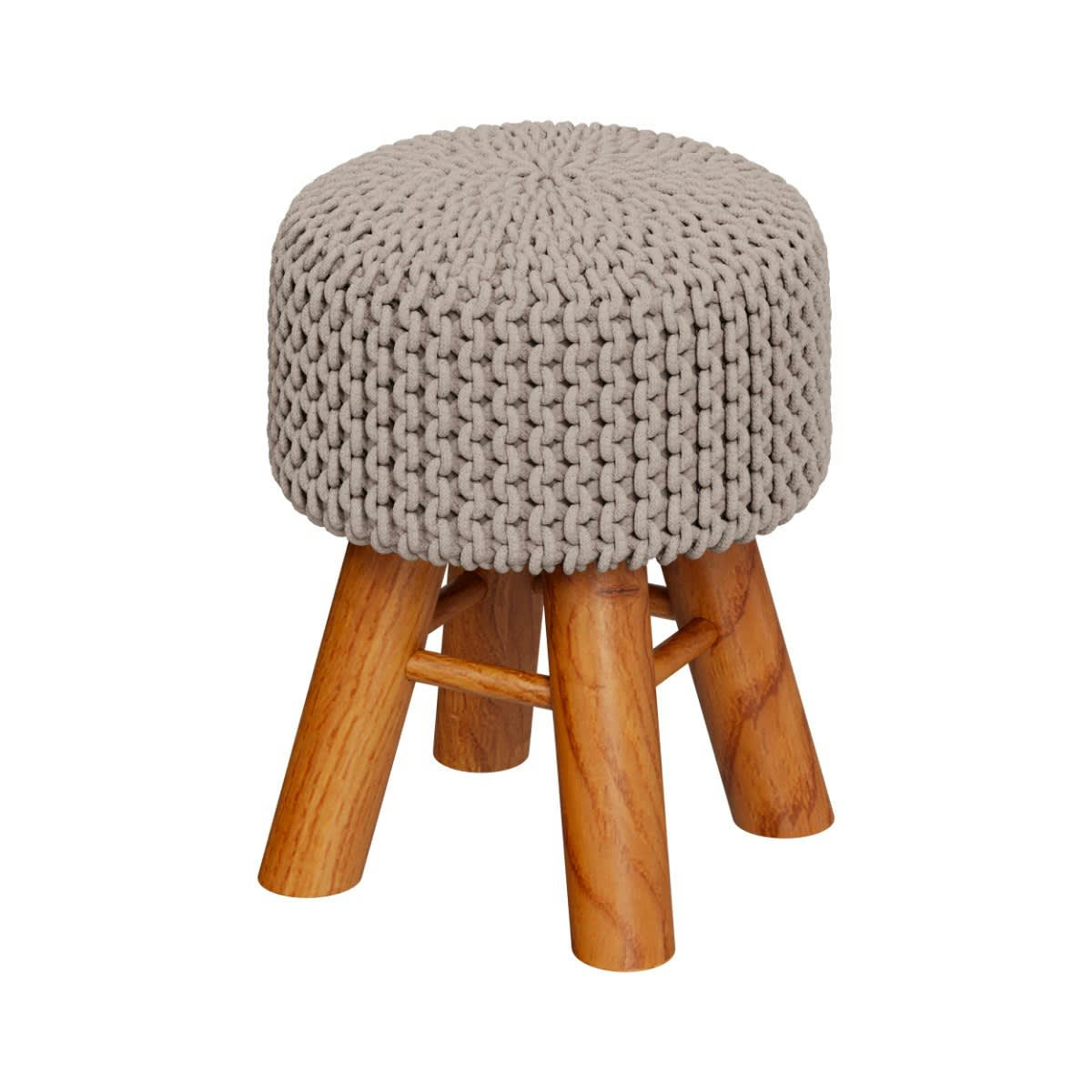 LISA - Petit tabouret rond en tricot coton gris clair et pieds en bois