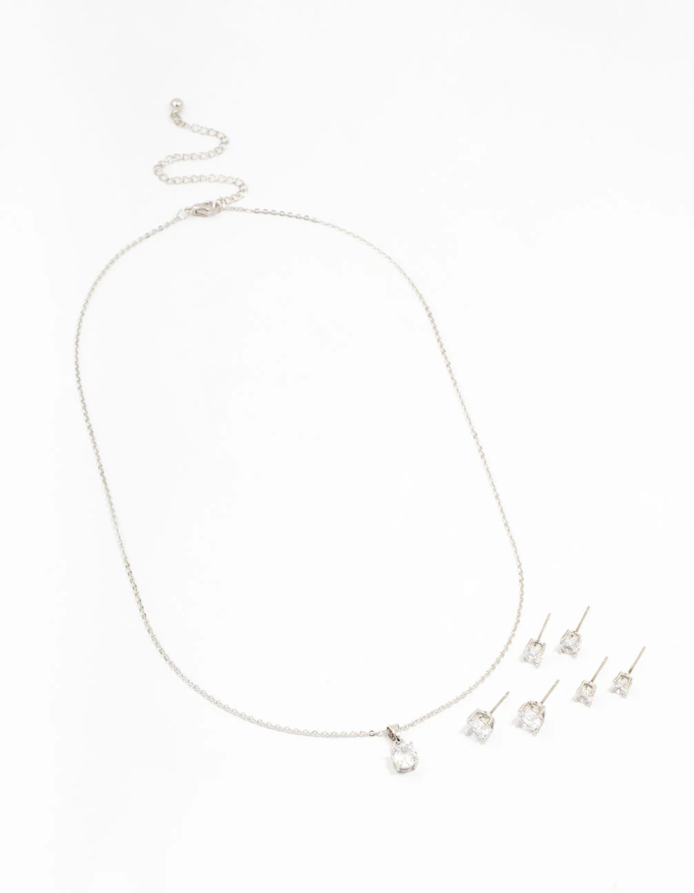 Silver Multiple Cubic Zirconia 6-Pack Stud Earrings & Necklace Set