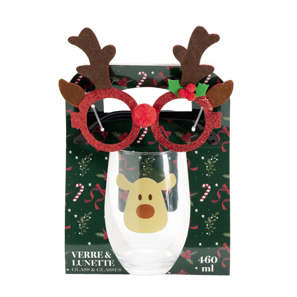 Coffret verre 460ml et lunettes de No&euml;l pailletées (2 modèles)