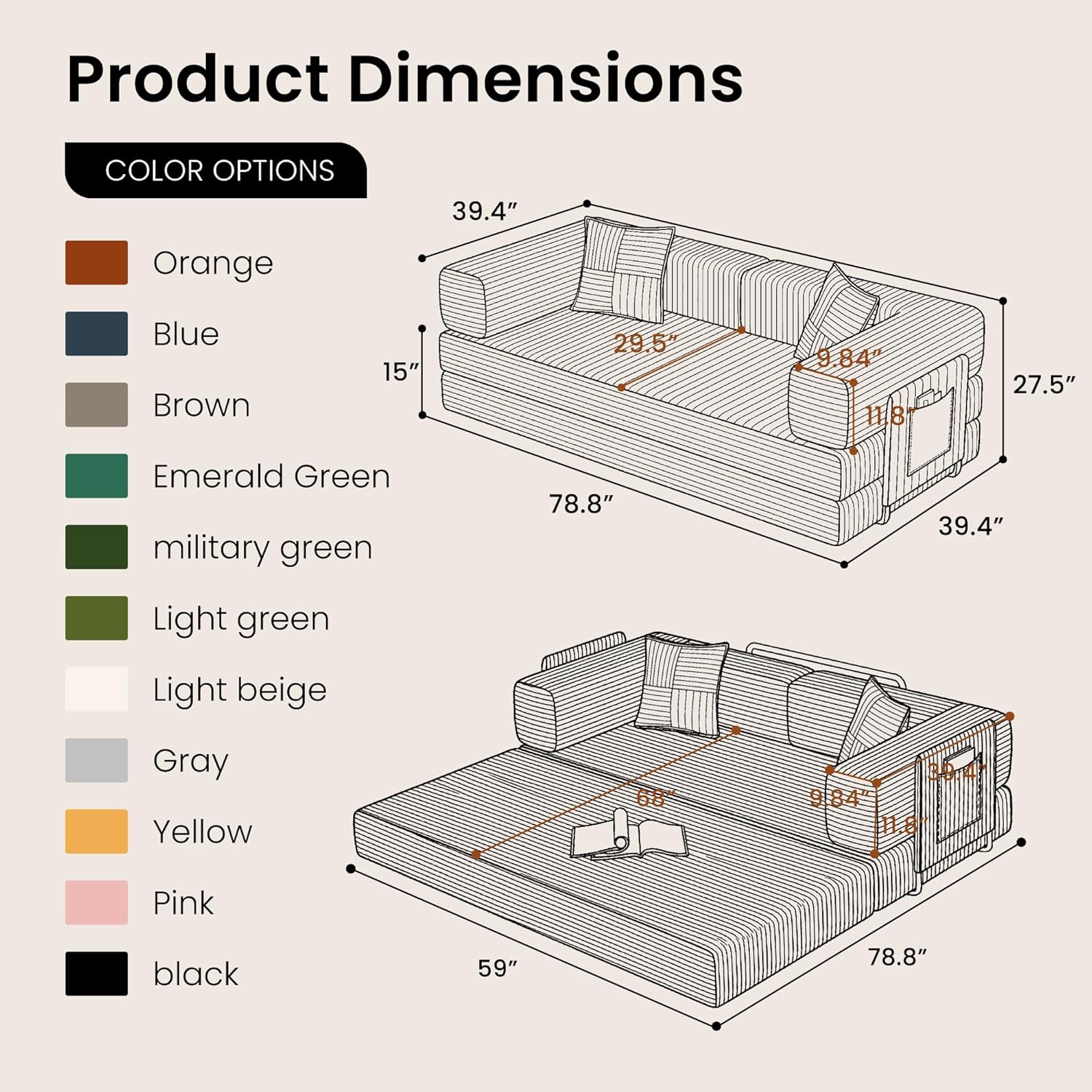 Belhome 78.8 Convertible Sofa Bed, Futon Sofa Bed with Side Pocket, Corduroy Pull Out Futon Sofa, Boneless Couch for Living Rooms,No Assembly Required, Yellow
