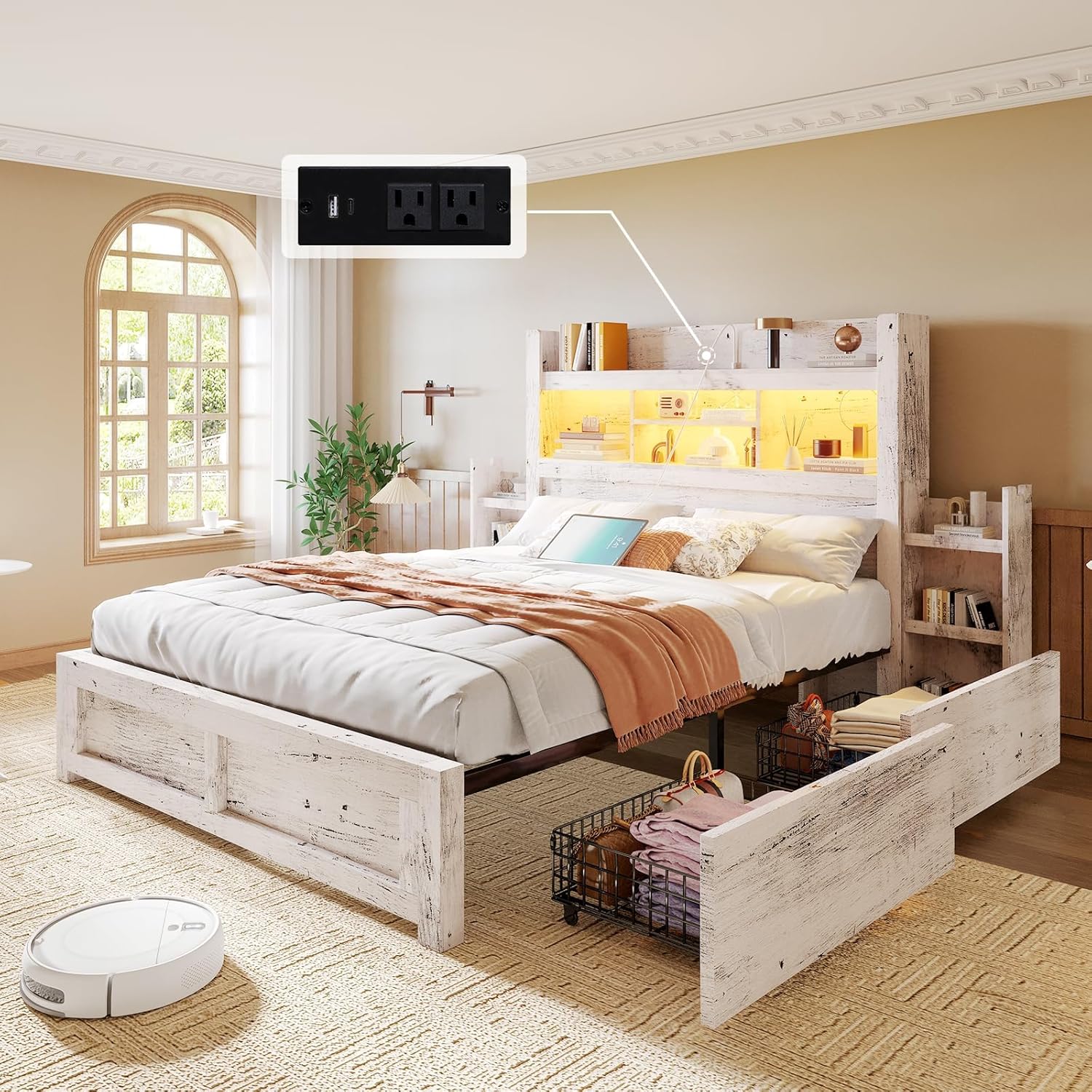Queen Bed Frame with 49.6 Bookcase Headboard & 4 Drawers & 2 Detachable Bedside Stoage Racks, Farmhouse Wood Bed Frame with RGB LED & Charging Station, No Box Spring Needed, Distressed White