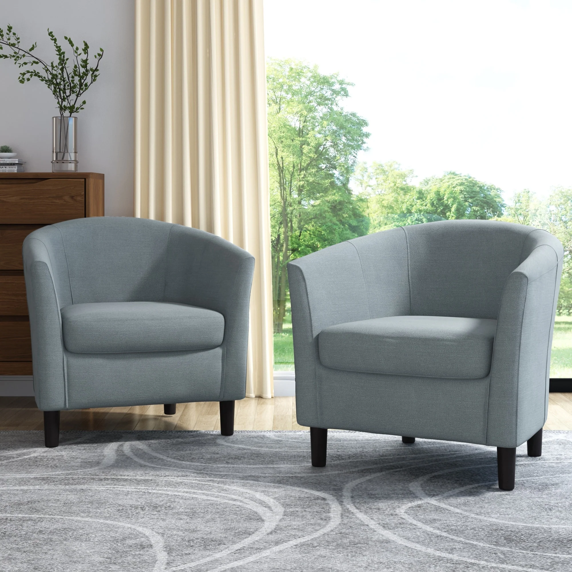 Set of 2 Upholstered Modern Barrel Accent Chair Wood Legs