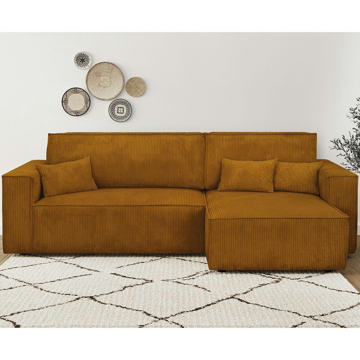 LIVIA - Canapé d'angle convertible 4 places en velours côtelé jaune moutarde