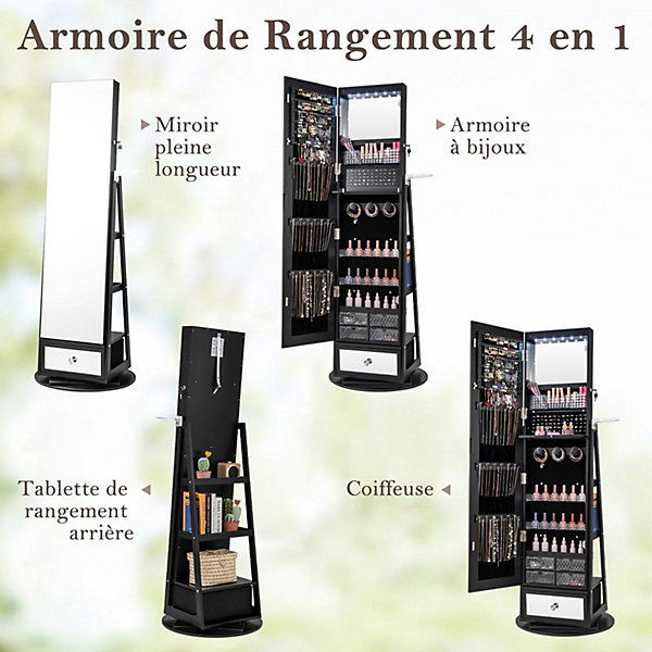 4 en 1 Armoire à Bijoux sur Pied,Pivotante, Lumière LED, Support pour Sèche-Cheveux, Coiffeuse, Miroir Pleine Longueur (Noir)